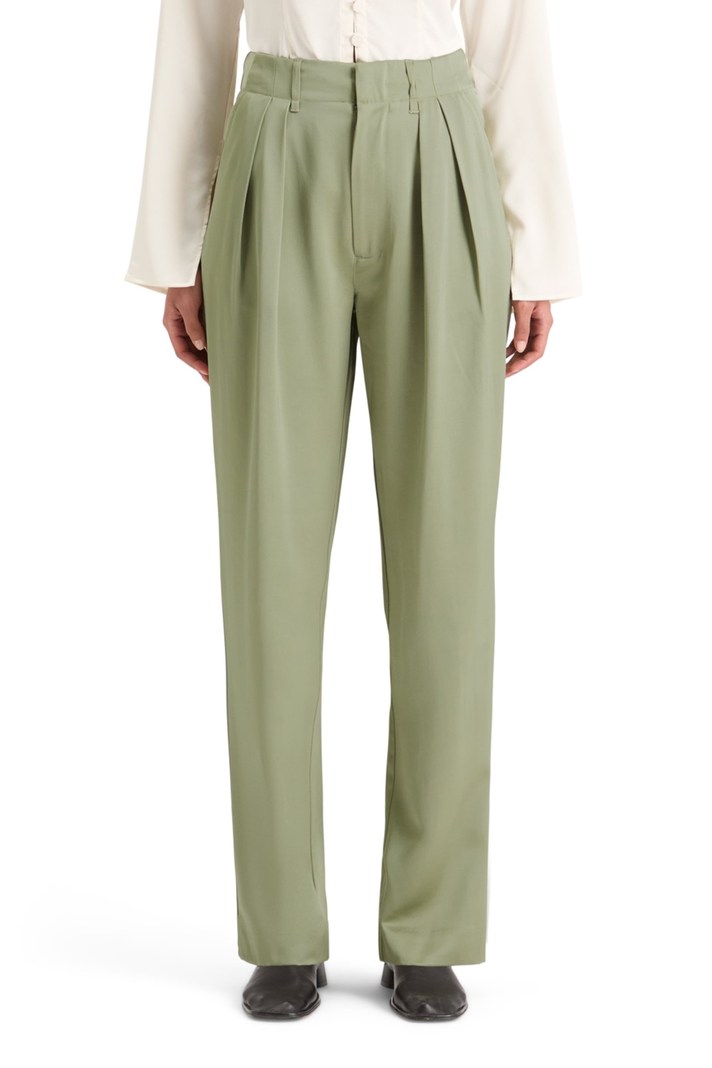 FAYE SATIN HIGH RISE RELAXED TAPERED LEG WASHED SAGE 1