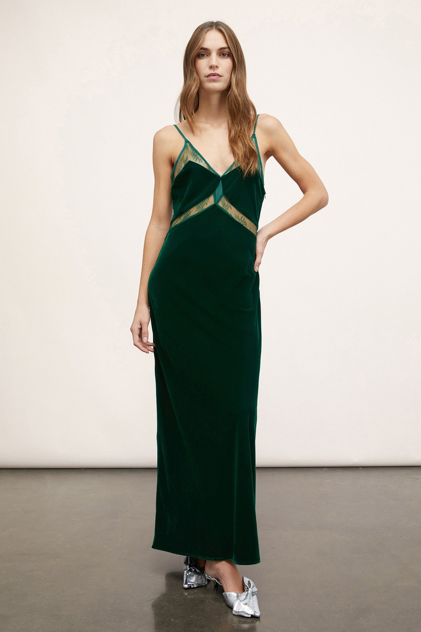 SMOOTH VELVET AND LACE LINGERIE DRESS GREEN 1