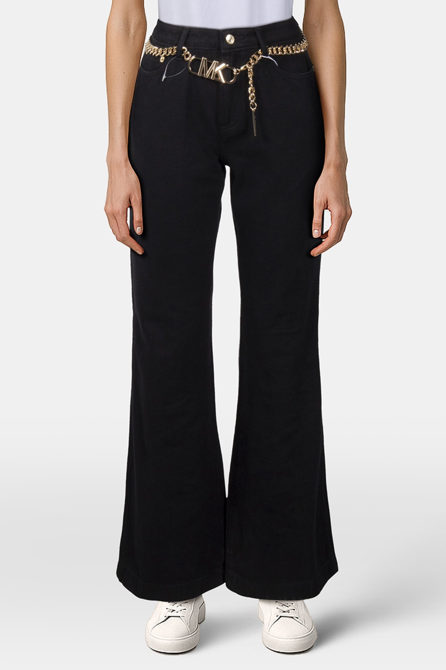 FLARED DENIM JEANS WITH CHAIN BELT IN BLACK 1