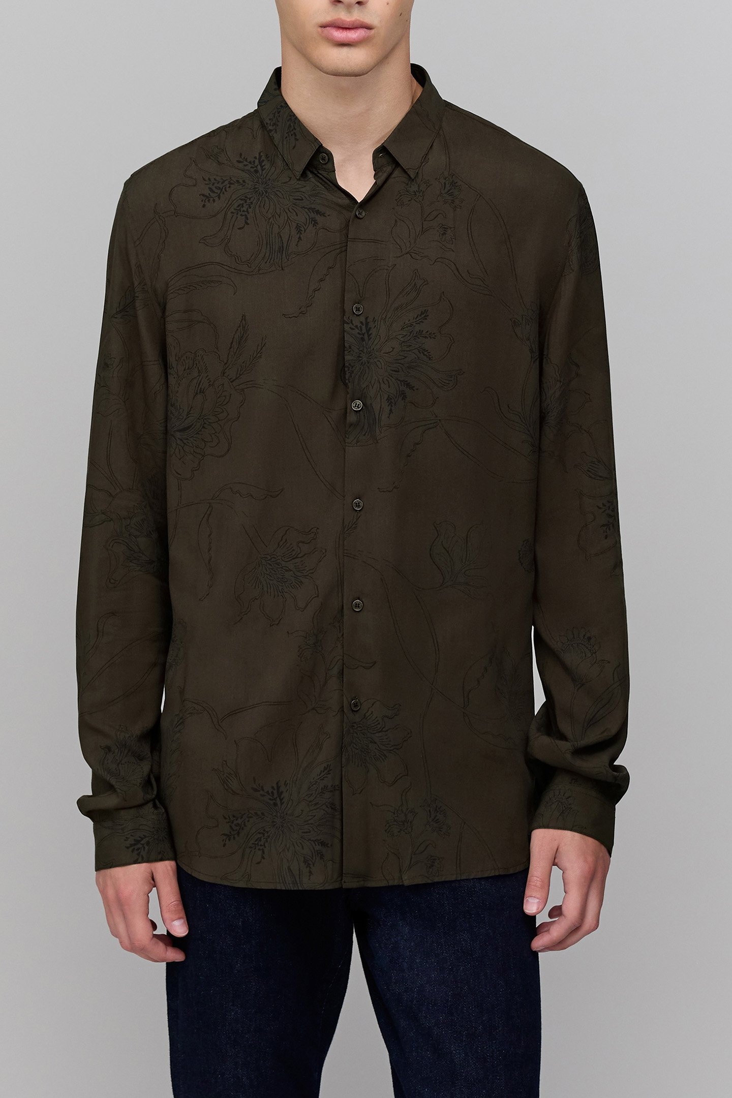 KHAKI MAXI FLOWER PRINT SLIM SHIRT 1