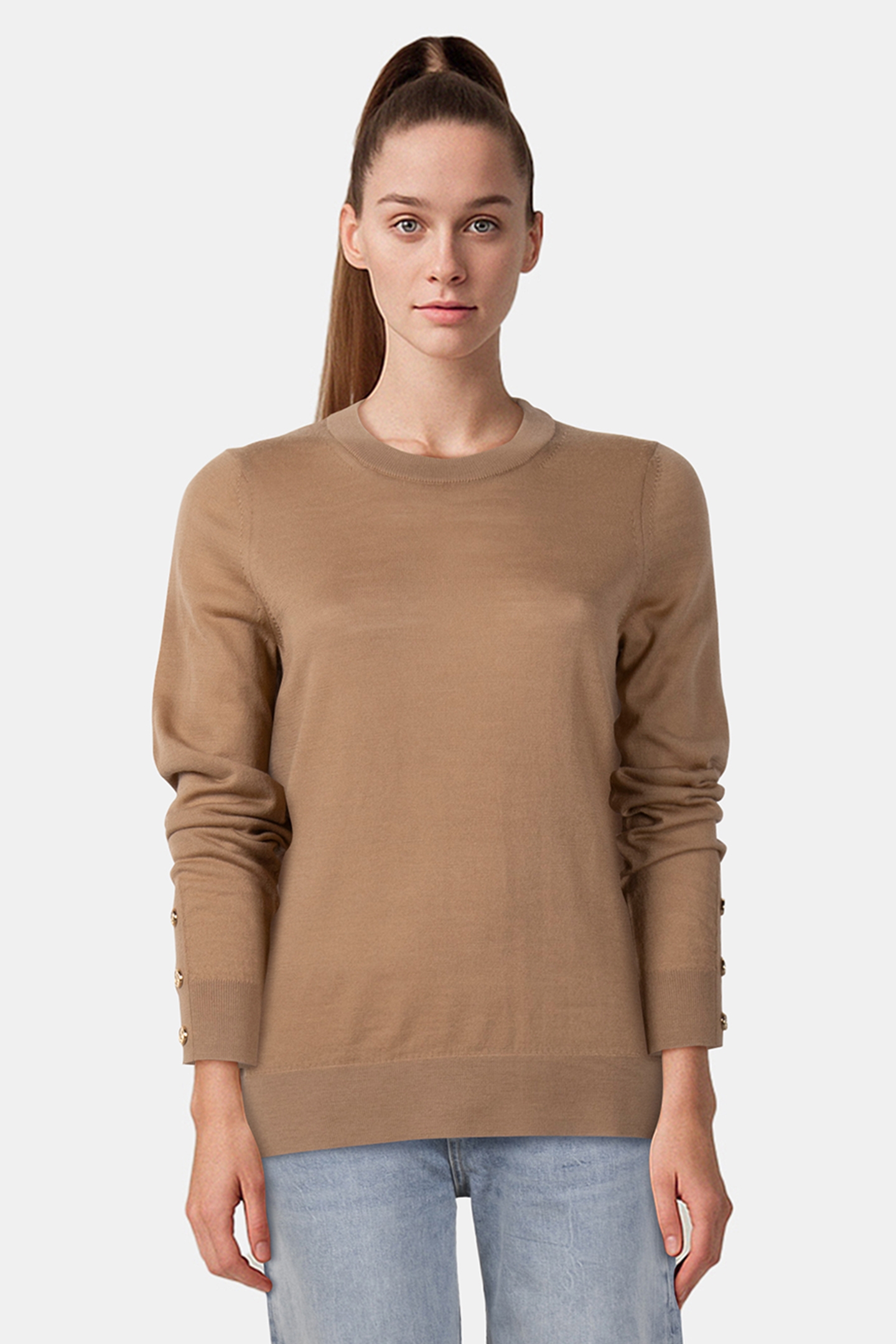 MERINO BUTTON SLV LS SWEATER DARK CAMEL 1