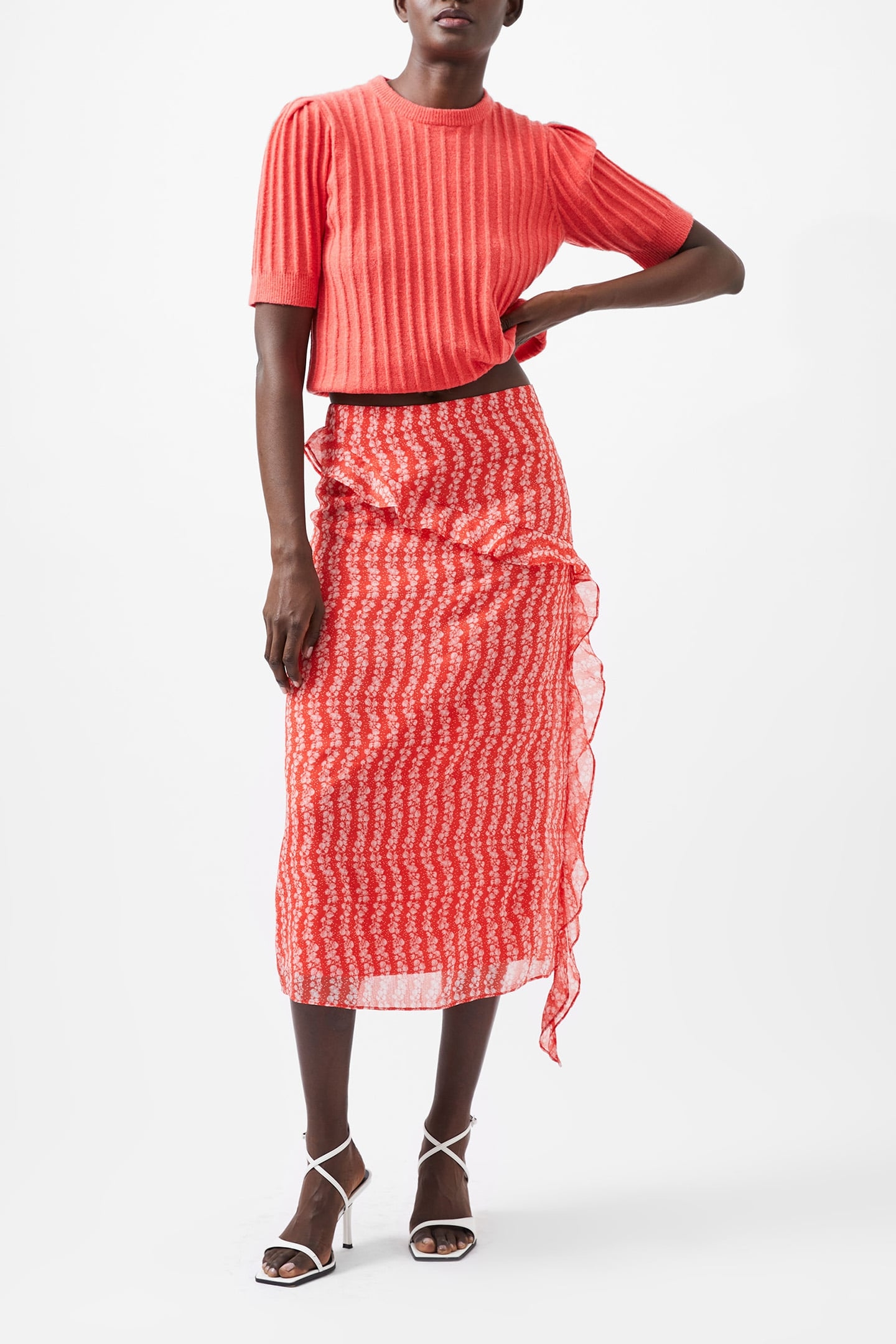 FRANCES CRINKLE MIDI WRAP SKIR CAYENNE RED/WHITE 2