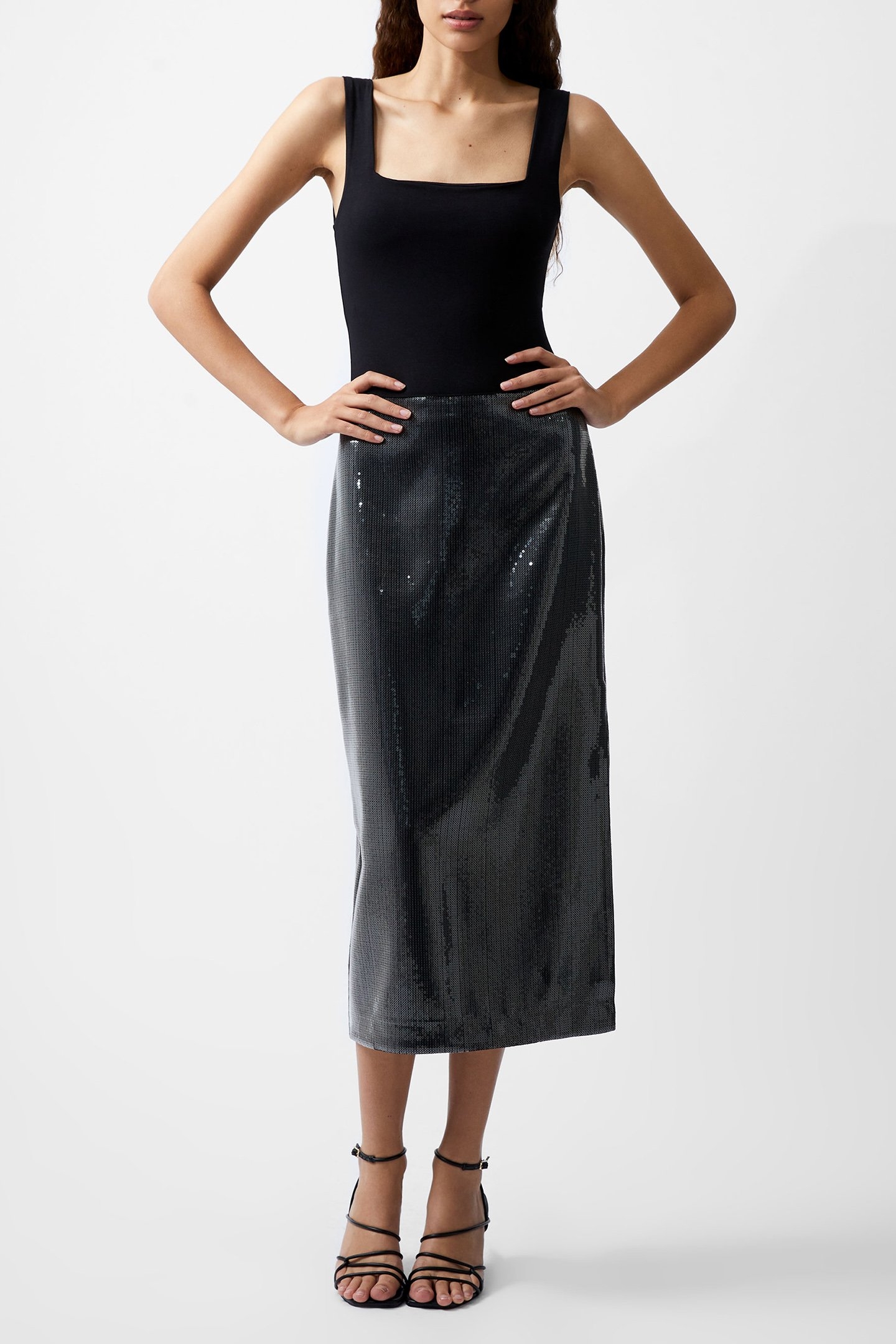 AMY SEQUIN MIDI SKIRT GUNMETAL 1