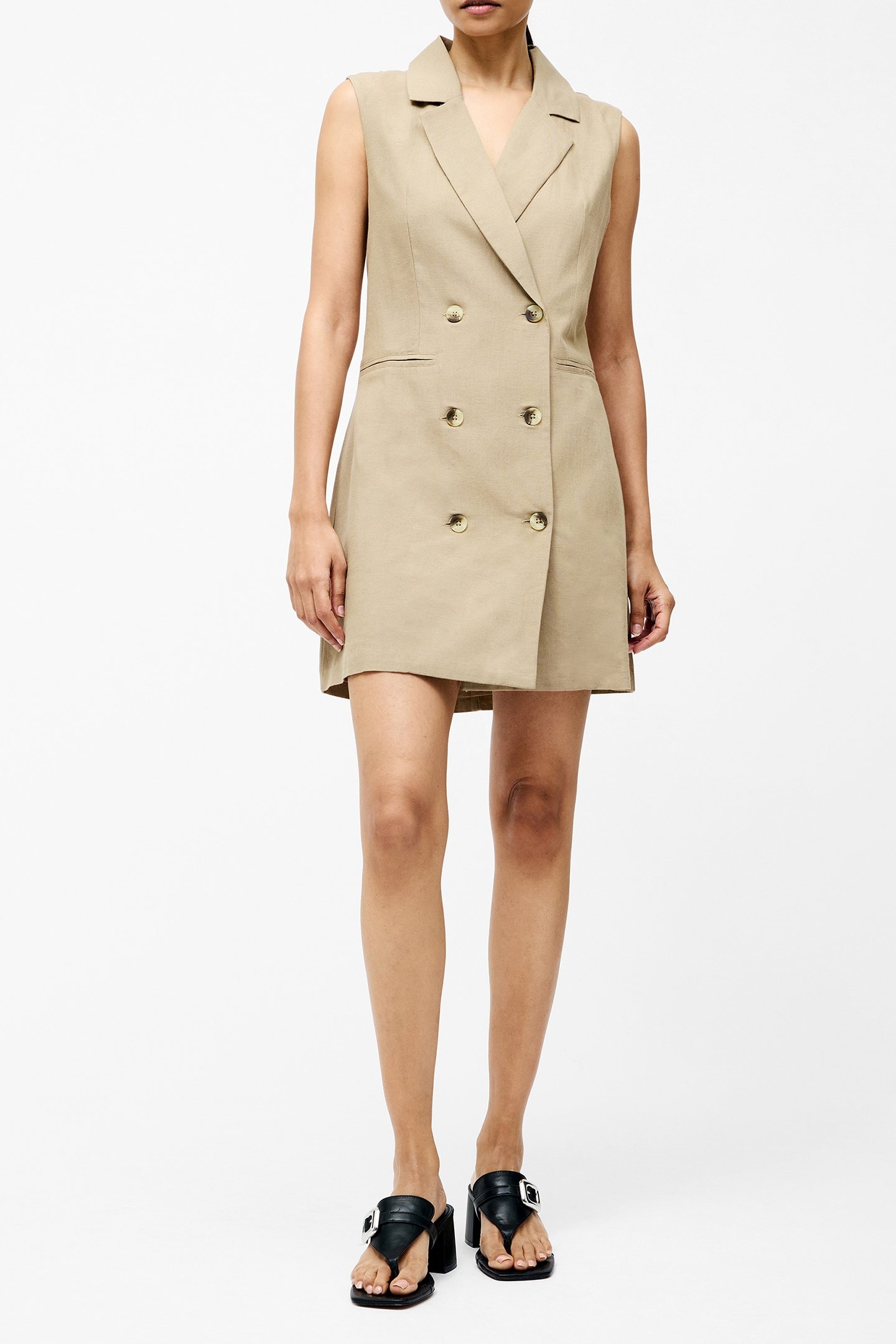 LINEN SLEVELESS BLAZER DRESS TAN 2