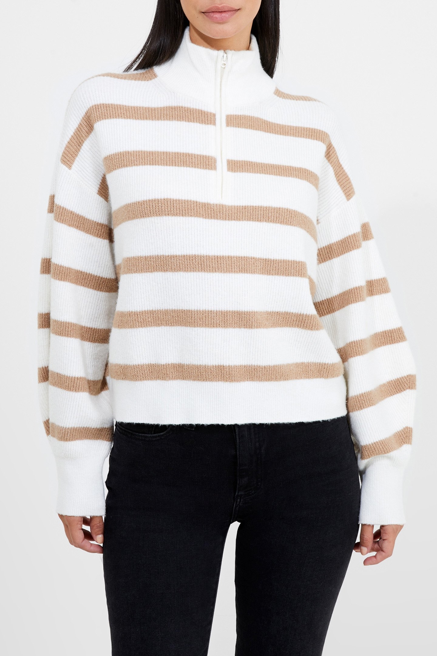 VHARI HALF ZIP JUMPER WINTER WHITE/CAMEL 1