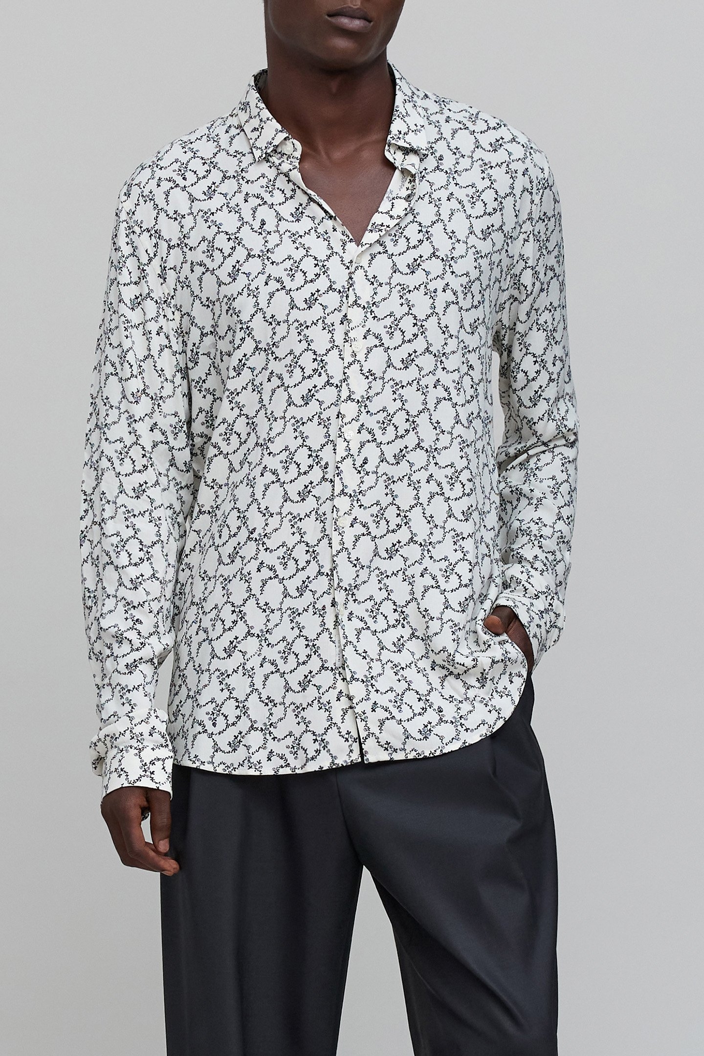 SLIM CHALK SHIRT WITH SKULL AND FLOWERS PRINT 1
