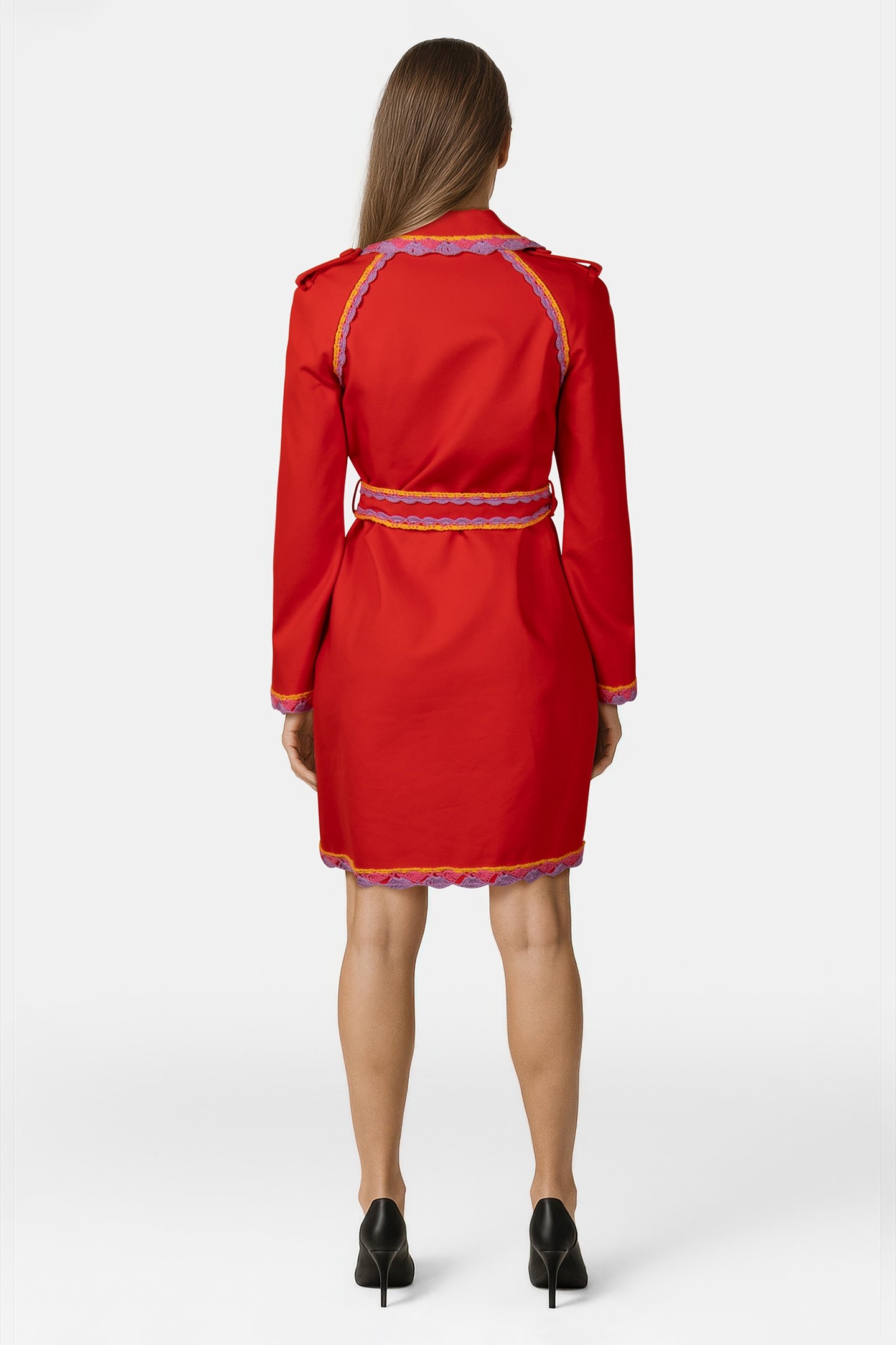 GABARDINE TRENCH COAT CROCHET DETAILS RED 2