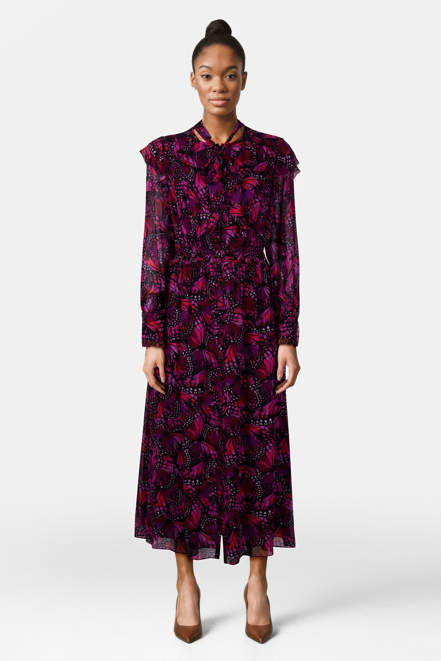 LONG BUTTONED DRESS WITH LAVALIERE COLLAR PINK 2