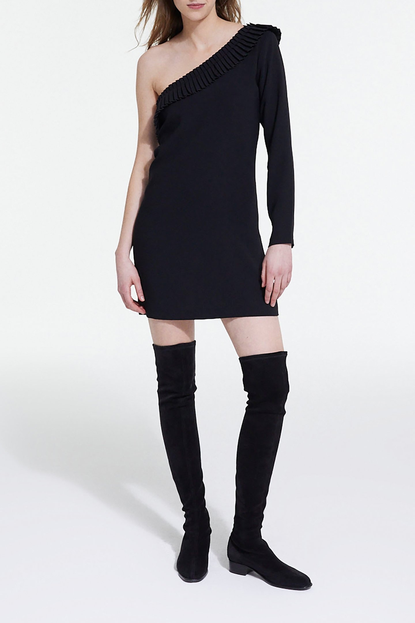 ONE-SHOULDER SHORT RUFFLED DRESS BLACK 1