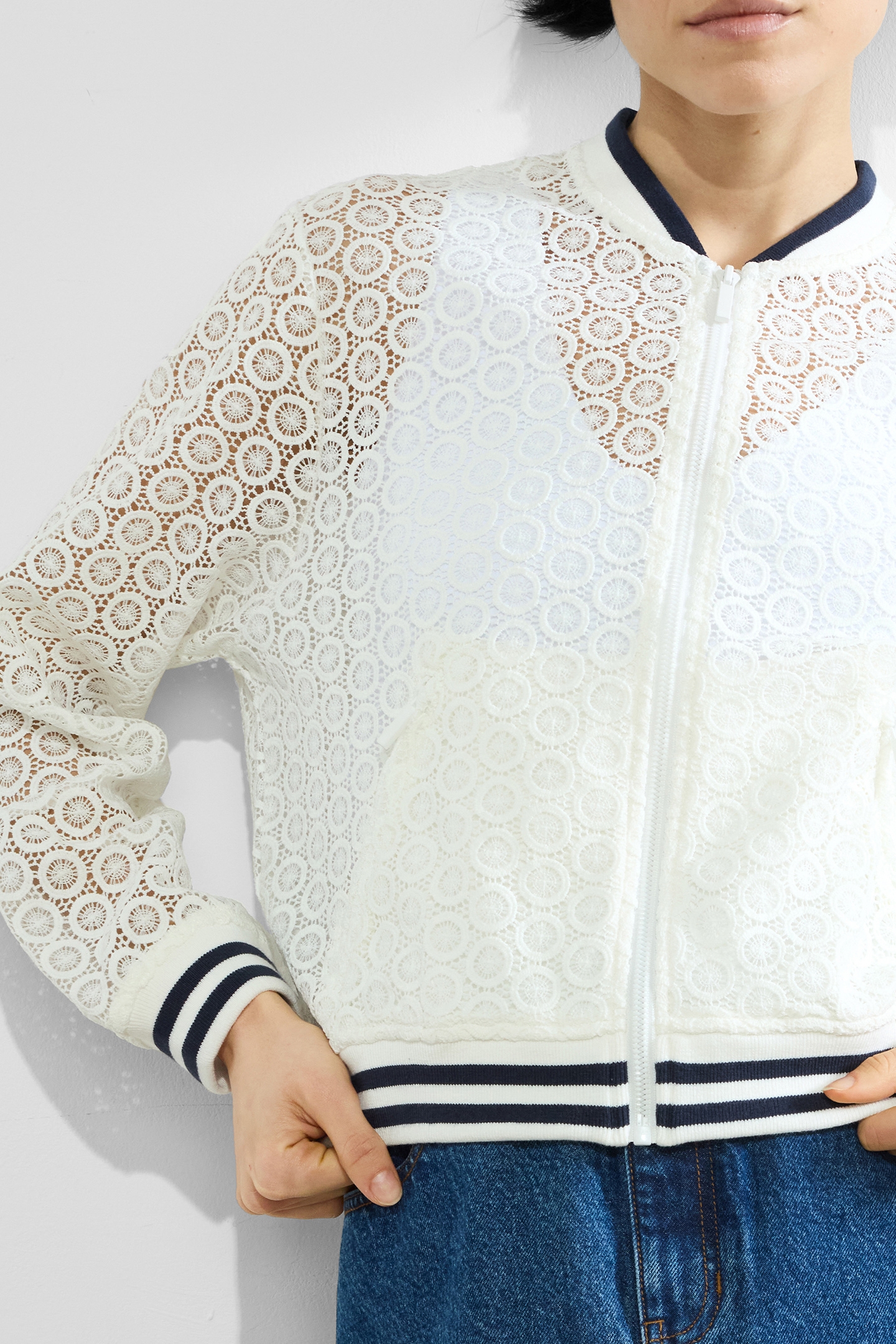 KRISTA LACE MIX KNIT BOMBER SUMMER WHITE/NAVY 4