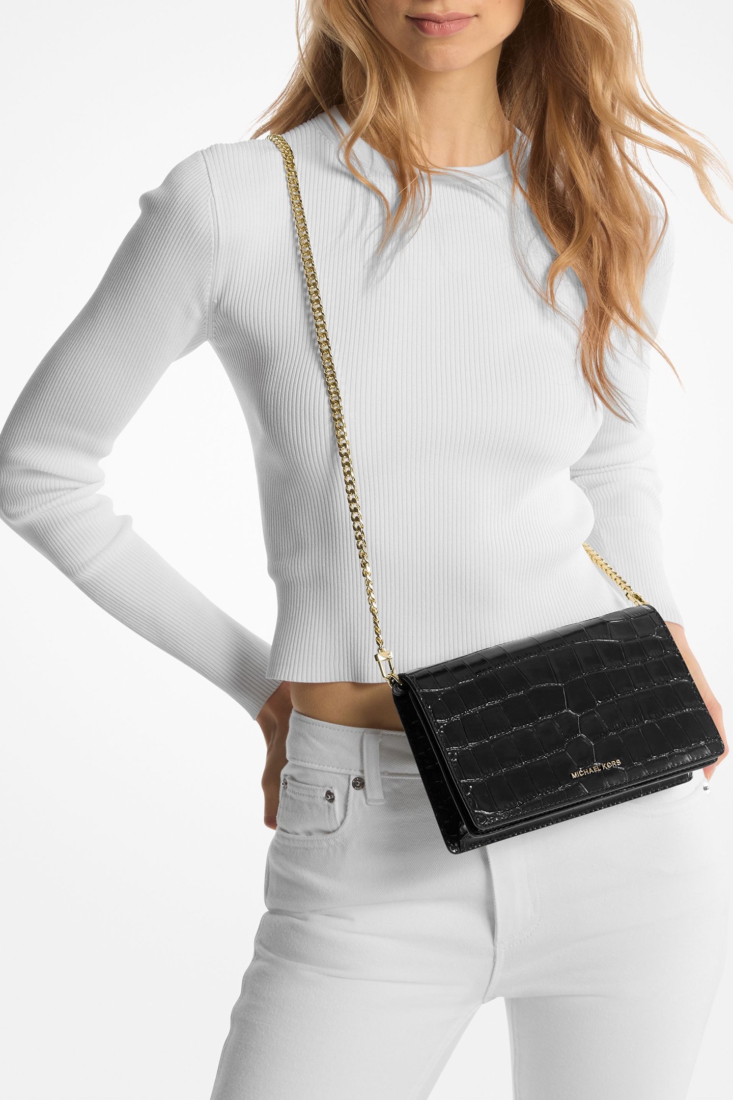 LEATHER FLAP CHAIN DETAIL CROSS BODY BAG IN BLACK 2