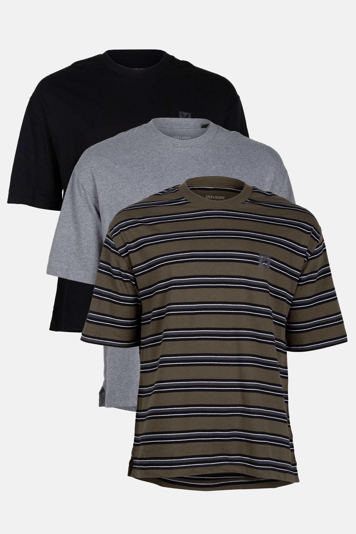 STRIPED 3 PACK RELAXED T-SHIRT OLIVE STRIPE/MID GREY MARL/JE 1