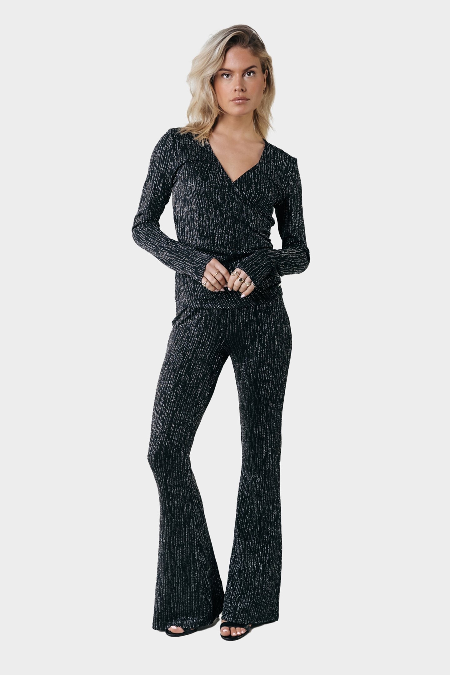 LUREX STRIPE EXTRA FLARE PANTS METALLIC SILVER 1