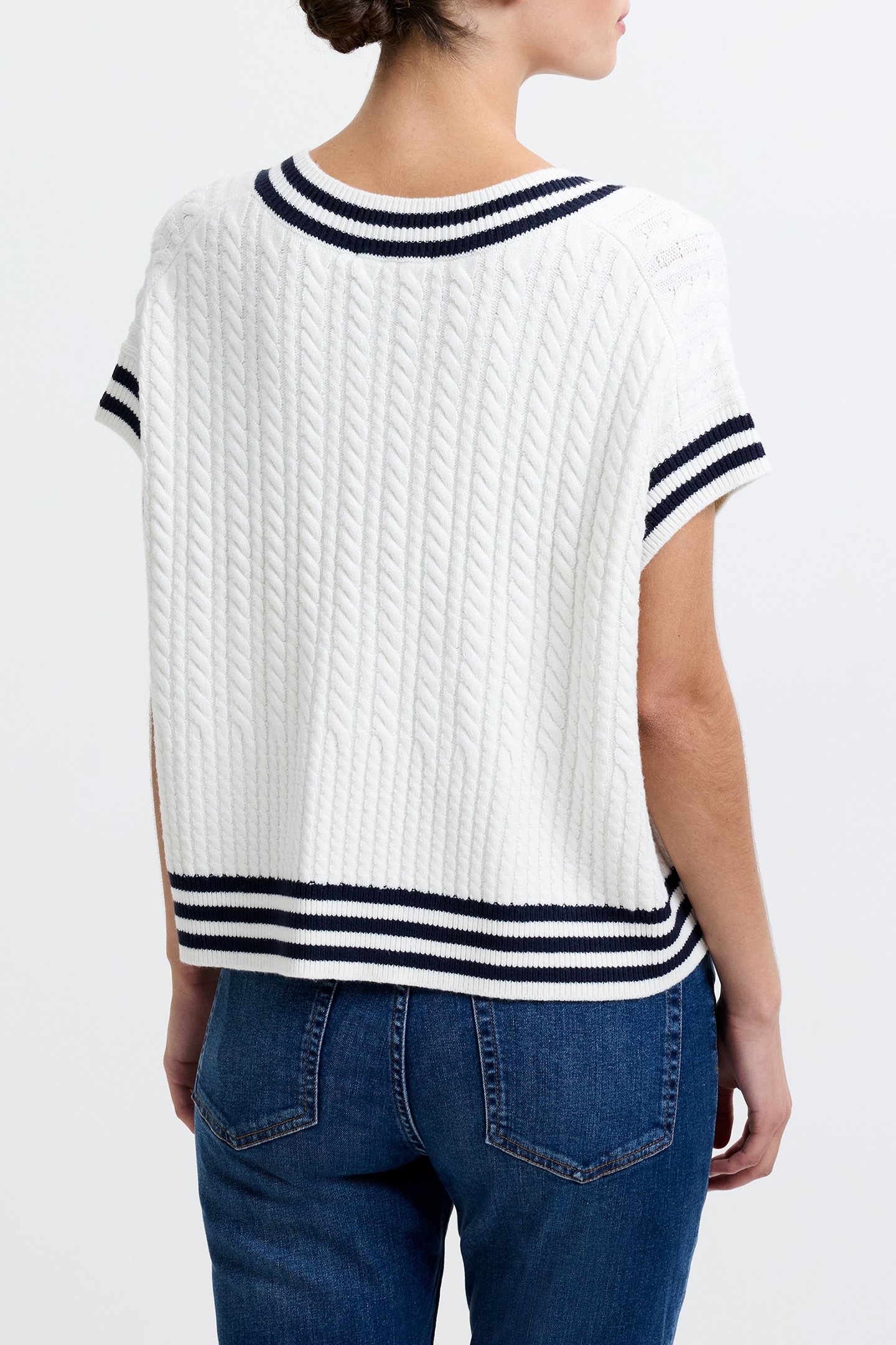 BABYSOFT CABLE KNIT V-NECK TANK VEST WINTER WHT/DUCH BLUE 2