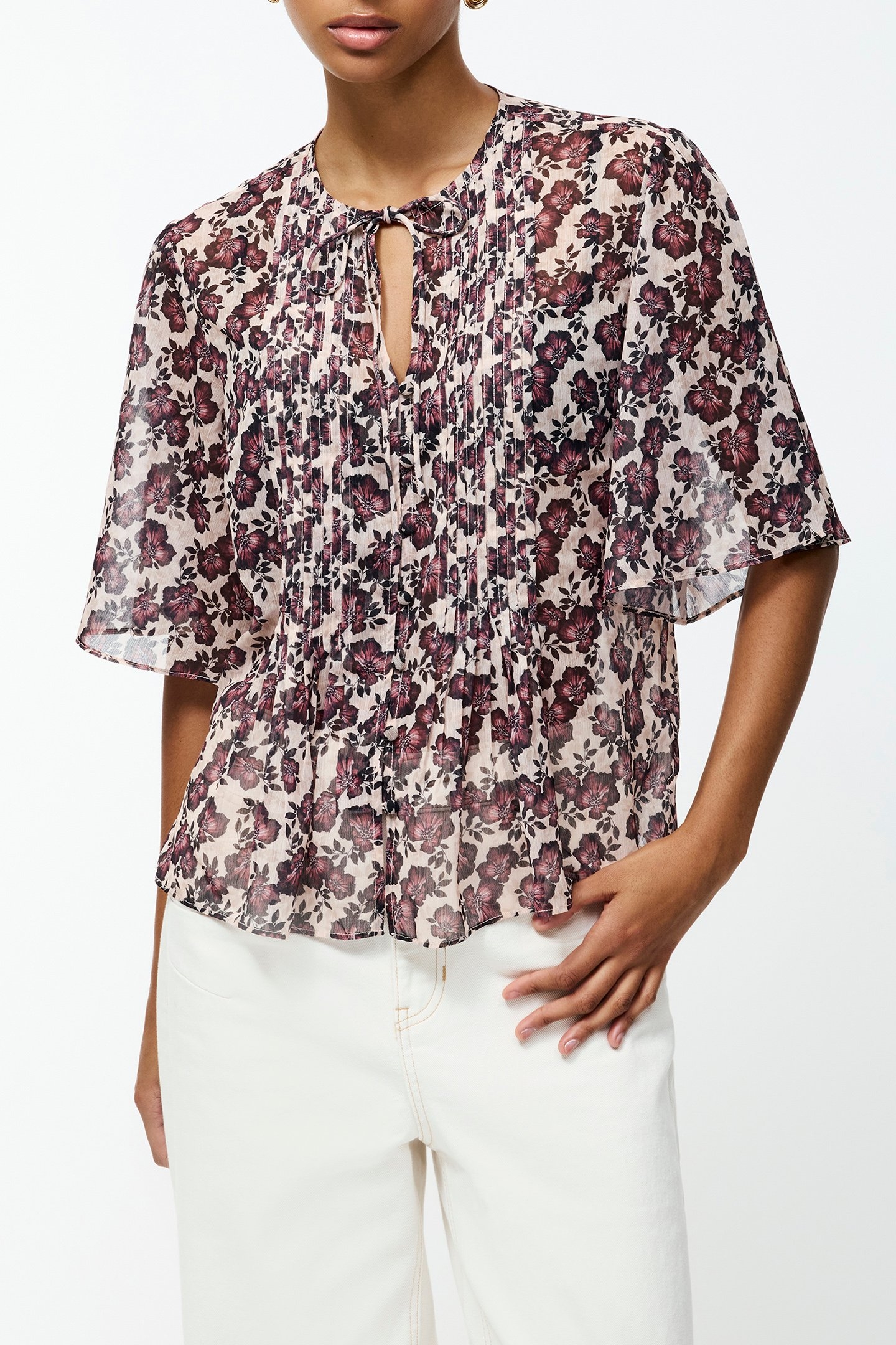 ELYSE HALLIE CRINKLE SS TOP BLUSH PINK FLORAL 2