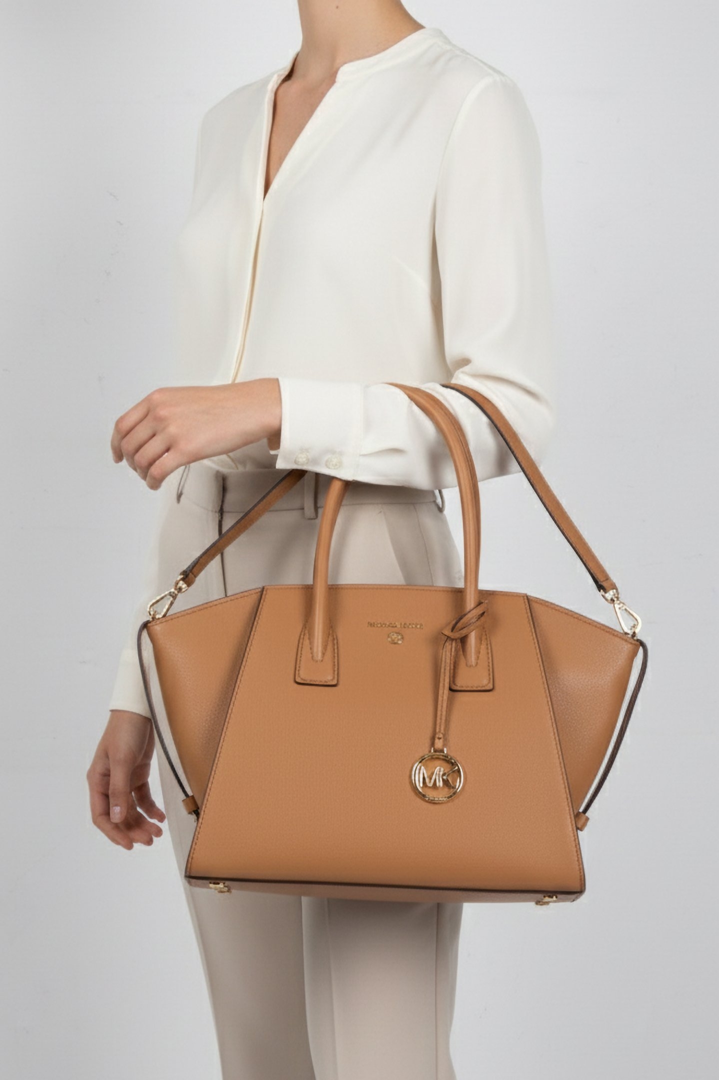 LEATHER TOP ZIP SATCHEL IN BEIGE 1