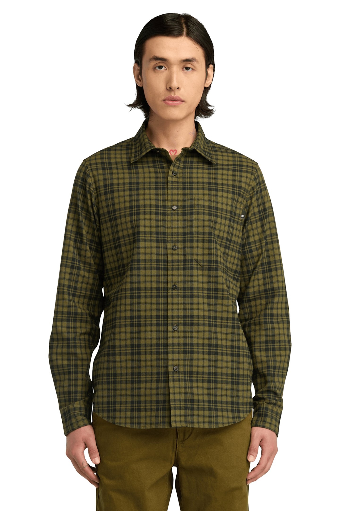 HERRINGBONE FLANNEL PLAID SHIRT DARK OLIVE 1