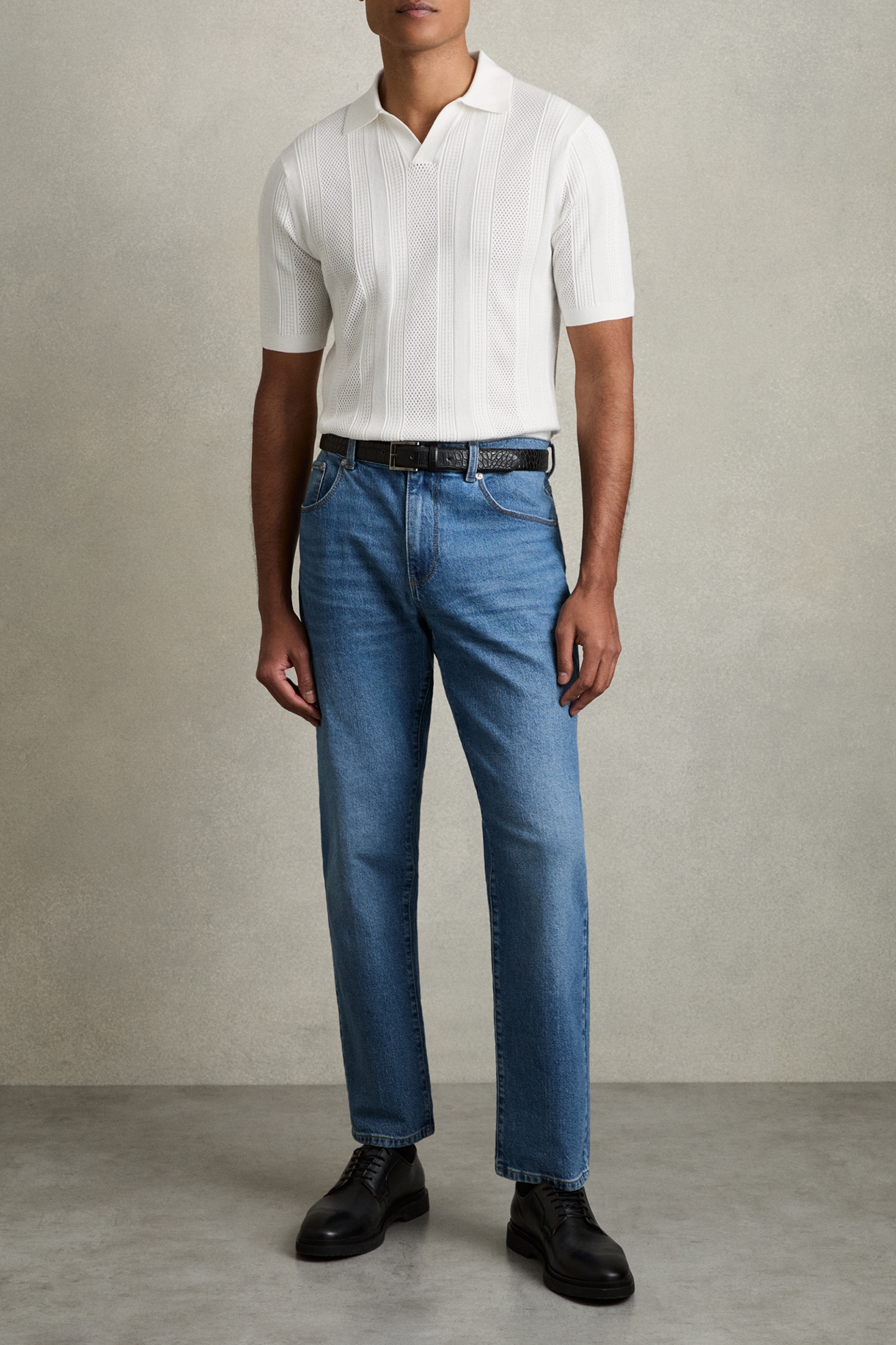 SS OPEN COLLAR STRIPE TEXTURED KNITTED POLO WHITE 3