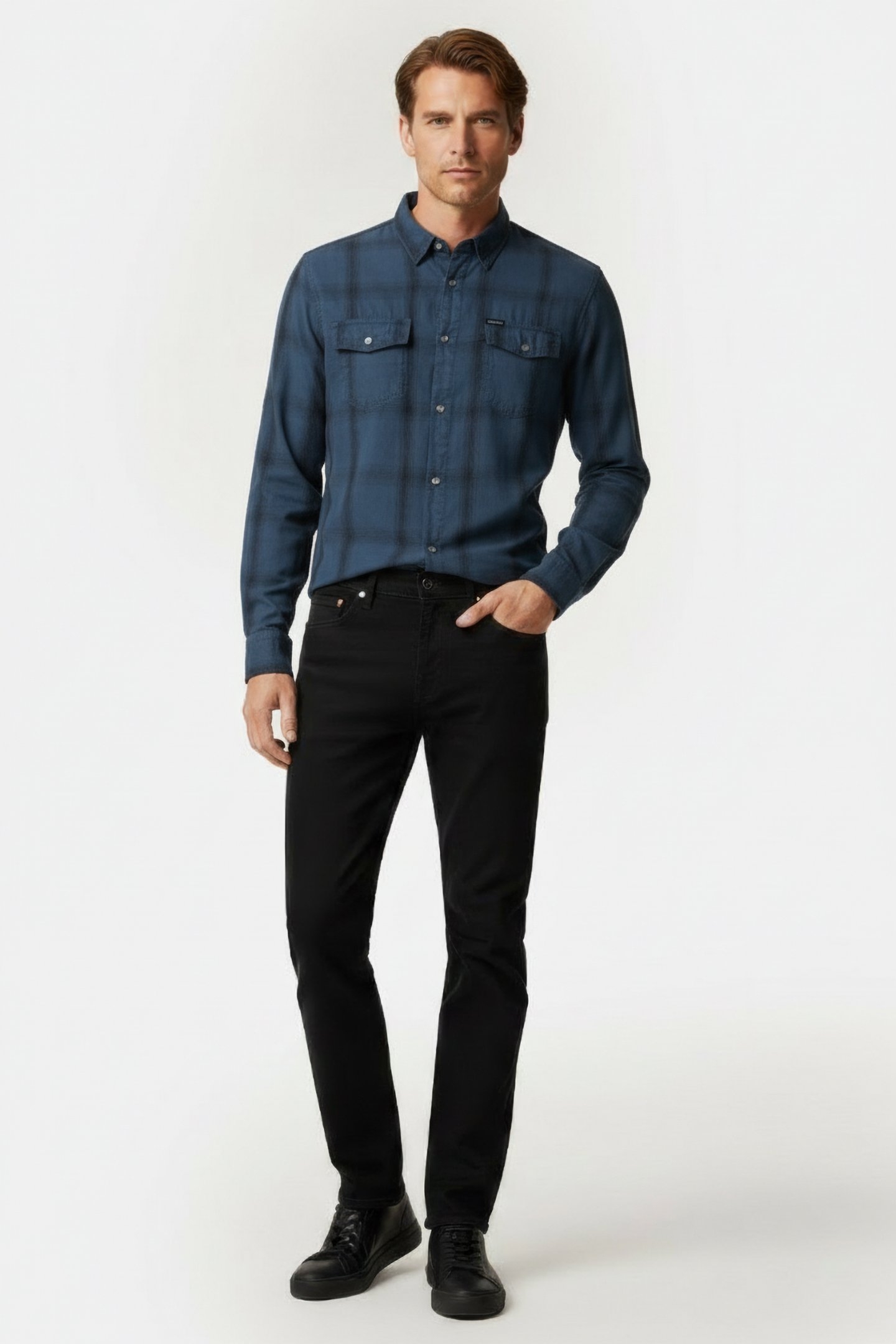 LS SUNSET SHIRT NAVY FADED CHECK 1