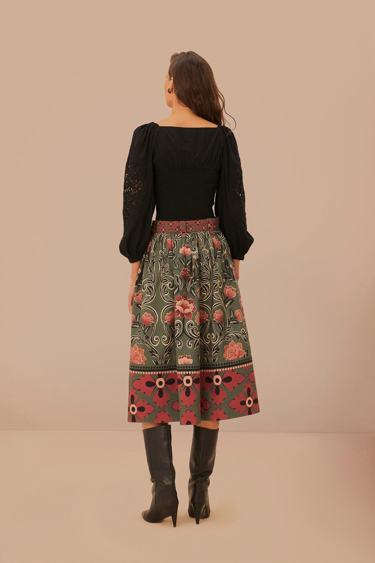ARABESQUE FLORAL GREEN BUTTONS MIDI SKIRT 3