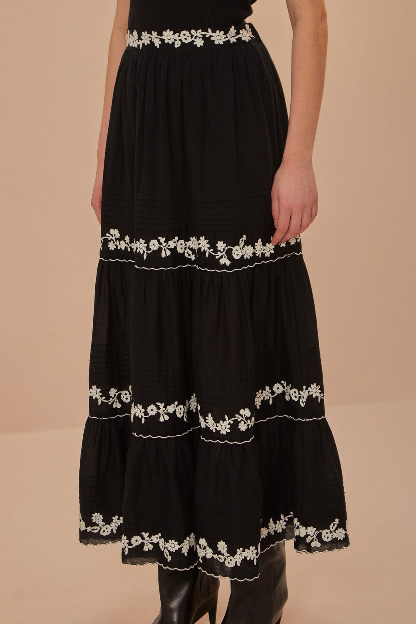 BLACK EMBROIDERED RUFFLED MAXI SKIRT 1