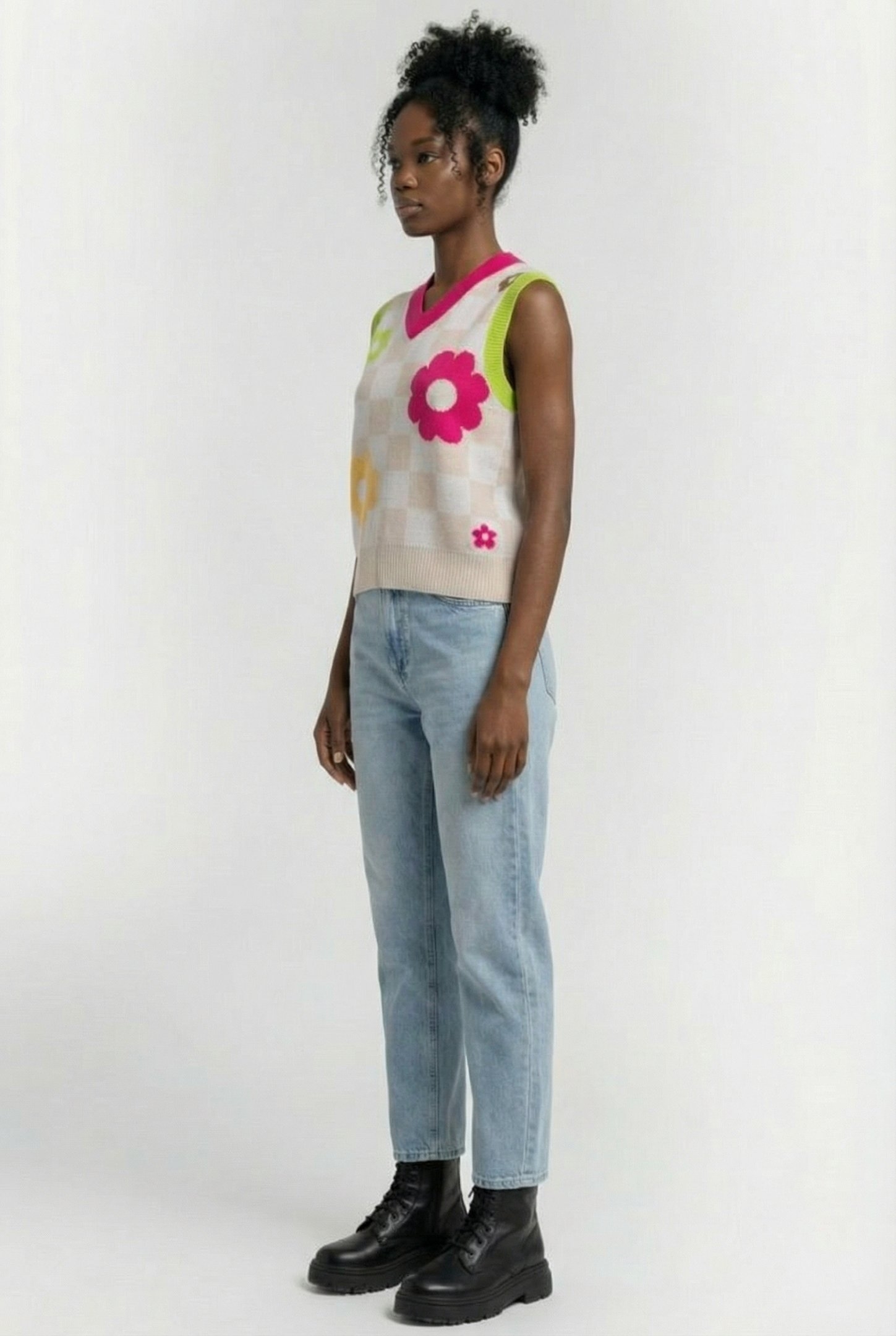 STELLA SWEATER VEST MENDED CHECK DENIM OATMEAL 3