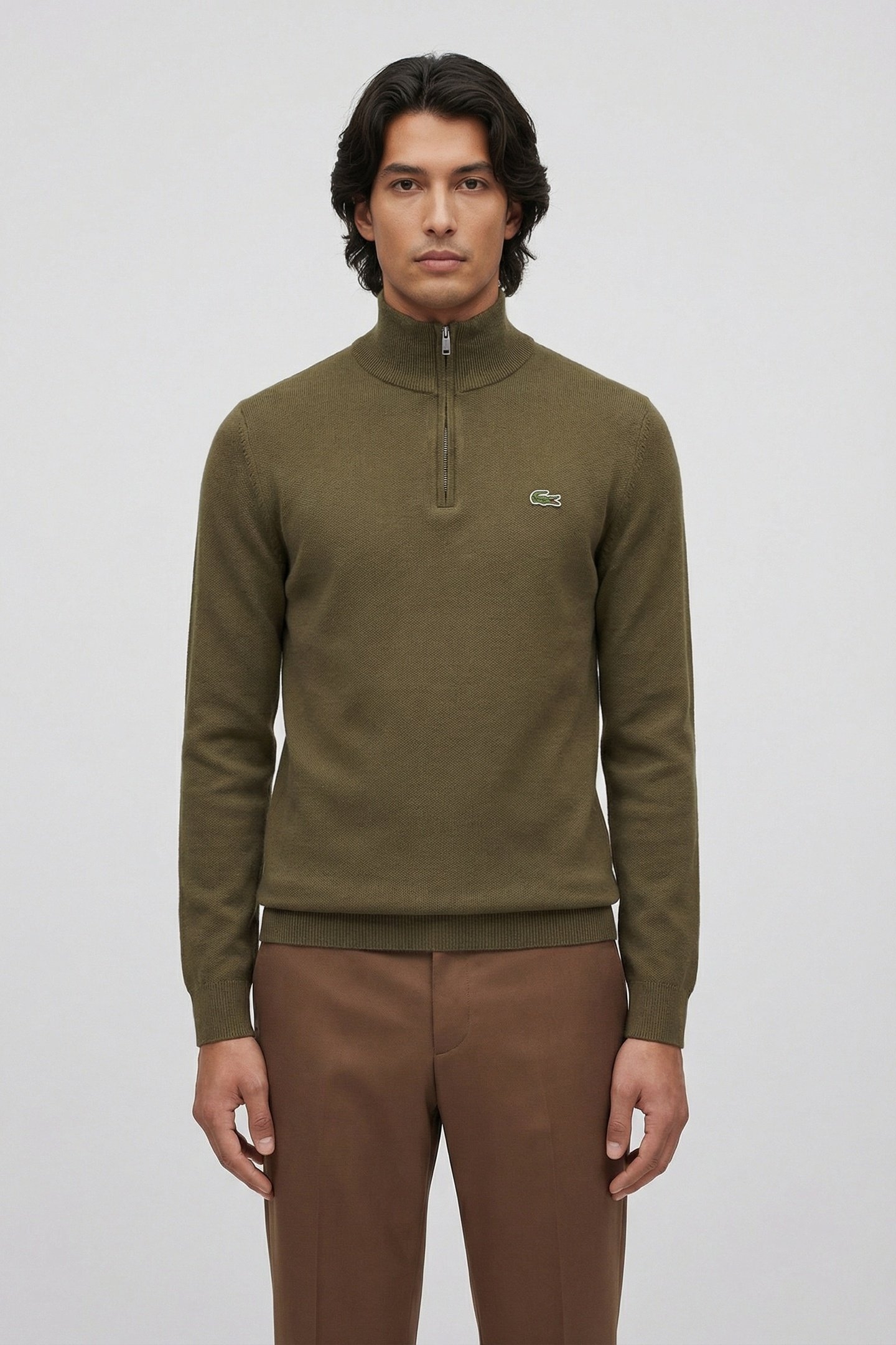 ZIPPED HIGH NECK COTTON SWEATER OLIVE 1