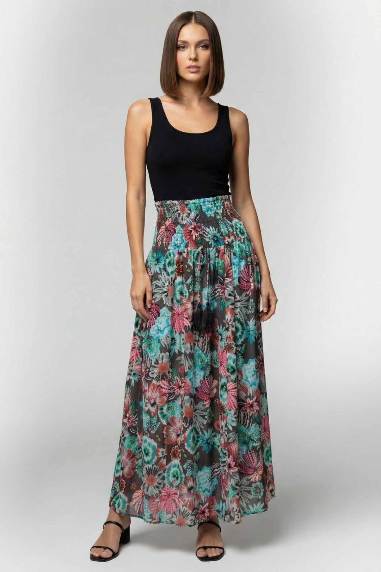SMOCKED SKIRT MAGIC IN DARK SHADOW WITH FLORAL MEDLEY PRINT 1