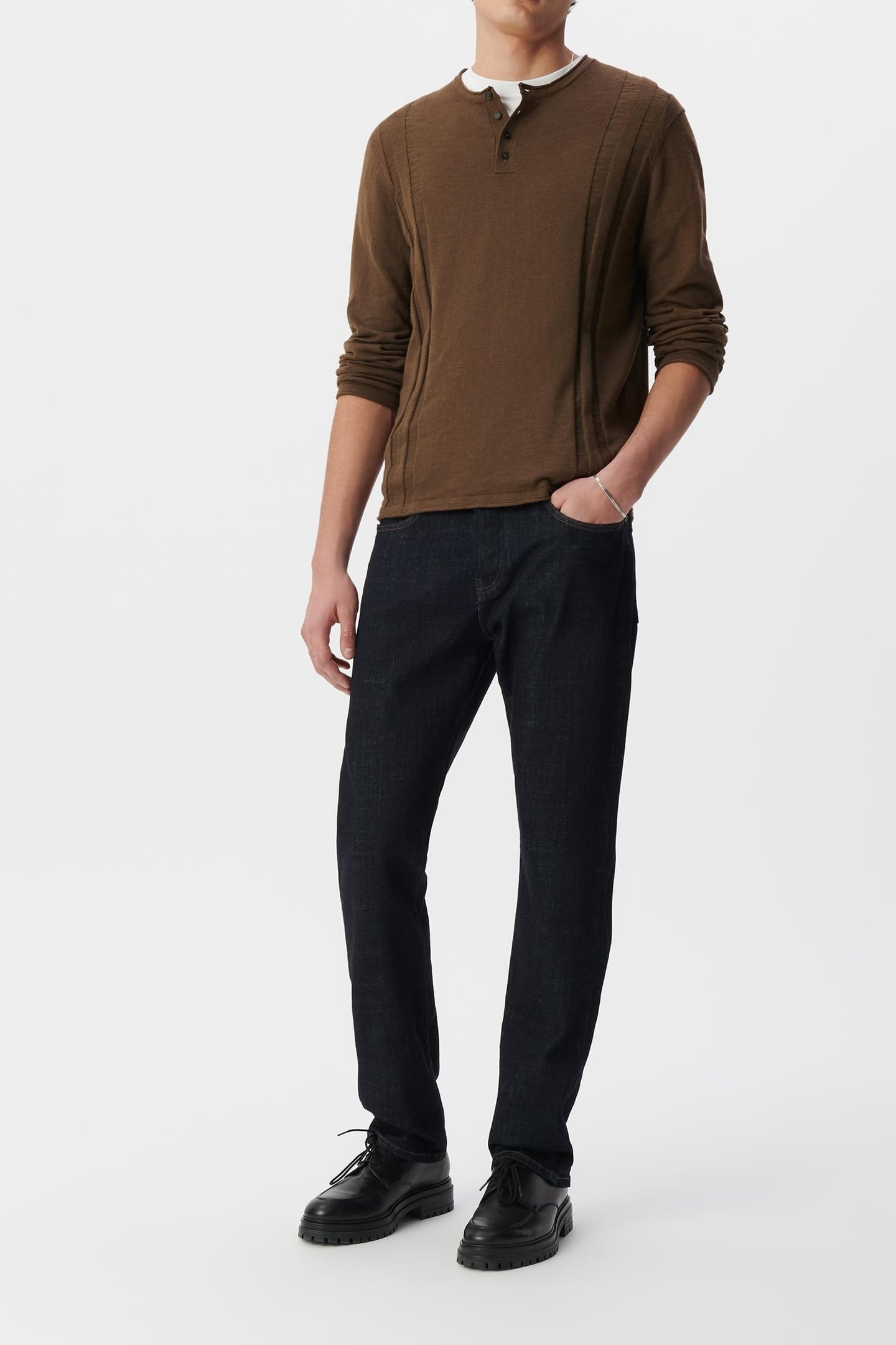 KHAKI ORGANIC COTTON FINE KNIT BUTTON-NECK SWEATER 1