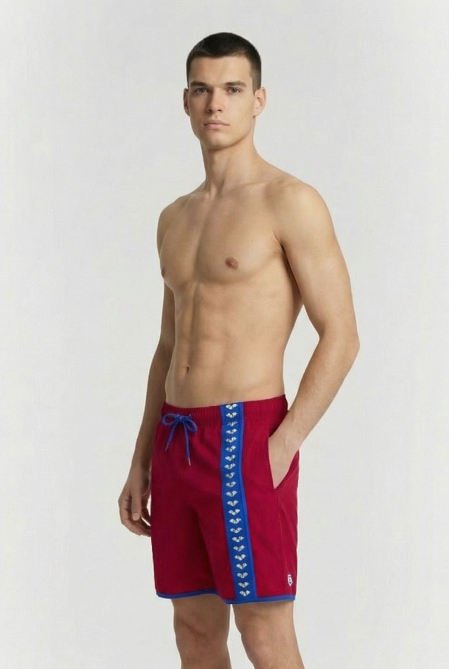 MEN'S ARENA ICONS BEACH BERMUDA LOGO BURGUNDY-NEON BLUE 3