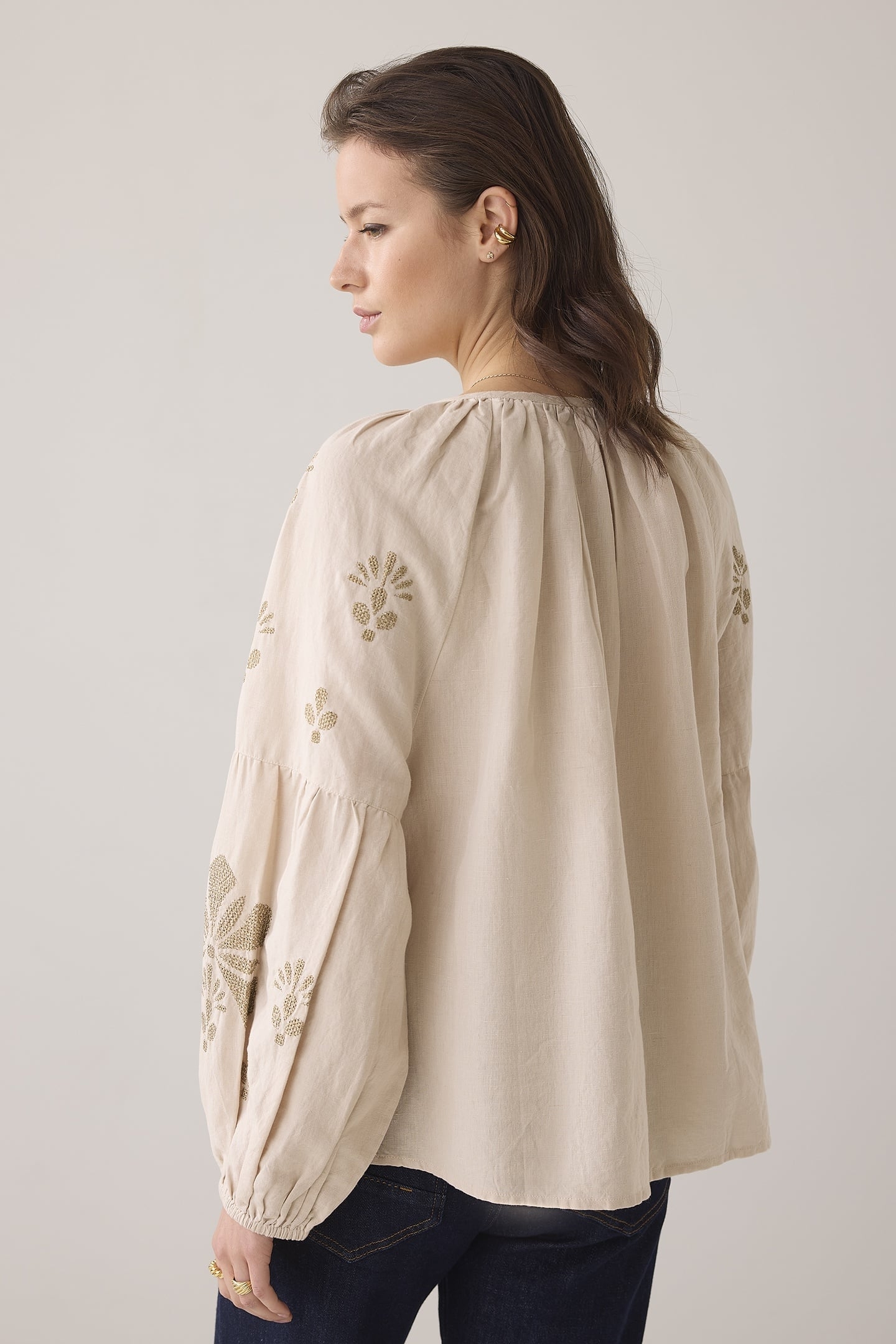 LONG SLEEVE TOP LINEN HEAVY EMBROIDERY PEBBLE BEIGE 2