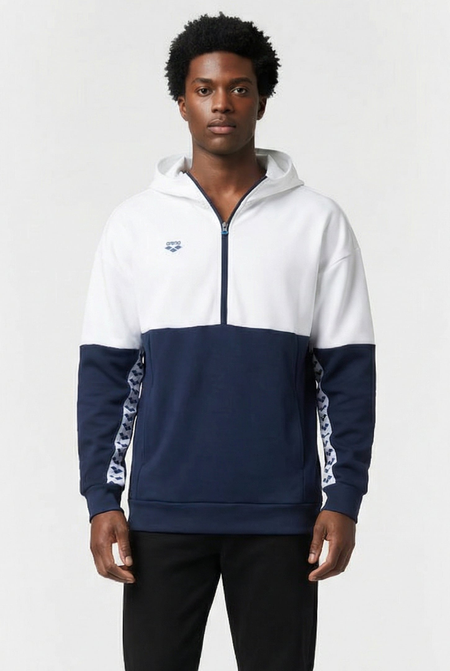 UNISEX HOODED HALF ZIP PANEL SWEAT TEAM WHITE-NAVY 2