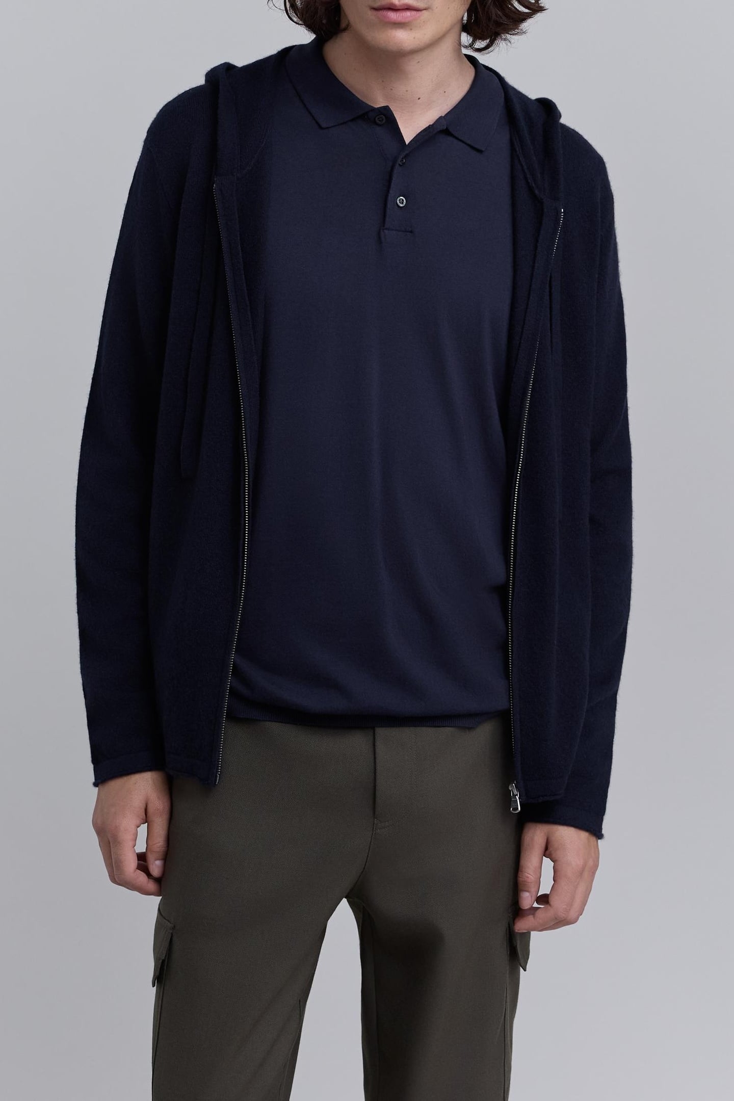 NAVY PURE CASHMERE ZIPPED HOODED CARDIGAN 2