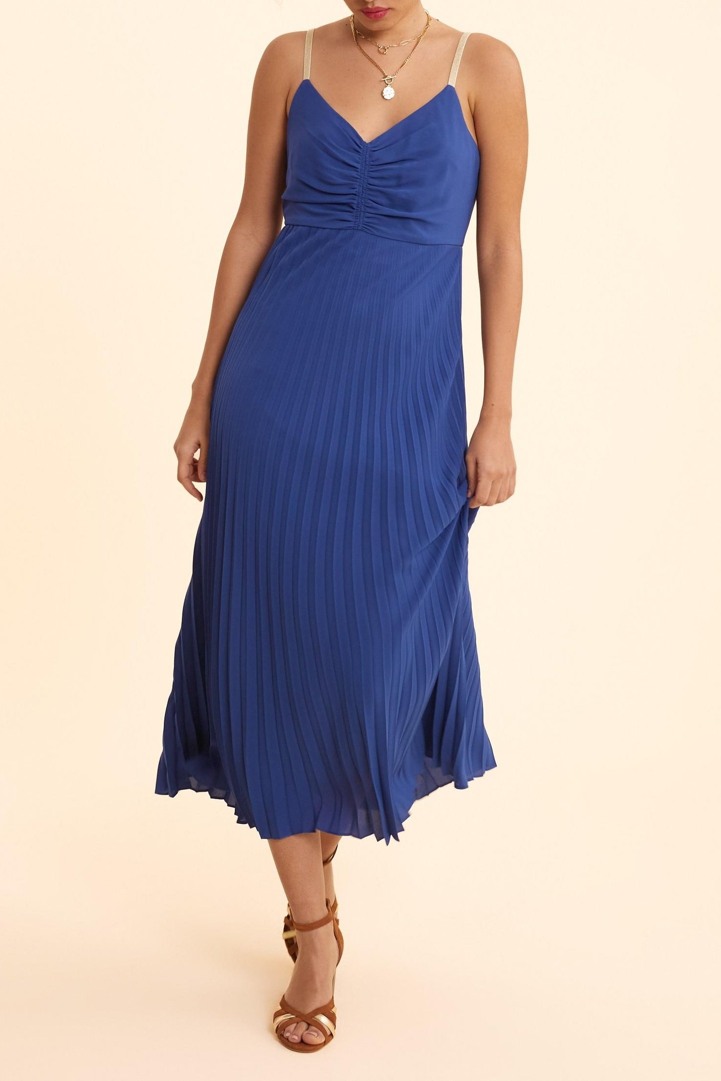 BLUE PLEATED STRAPPY LONG DRESS SAPPHIRE 2