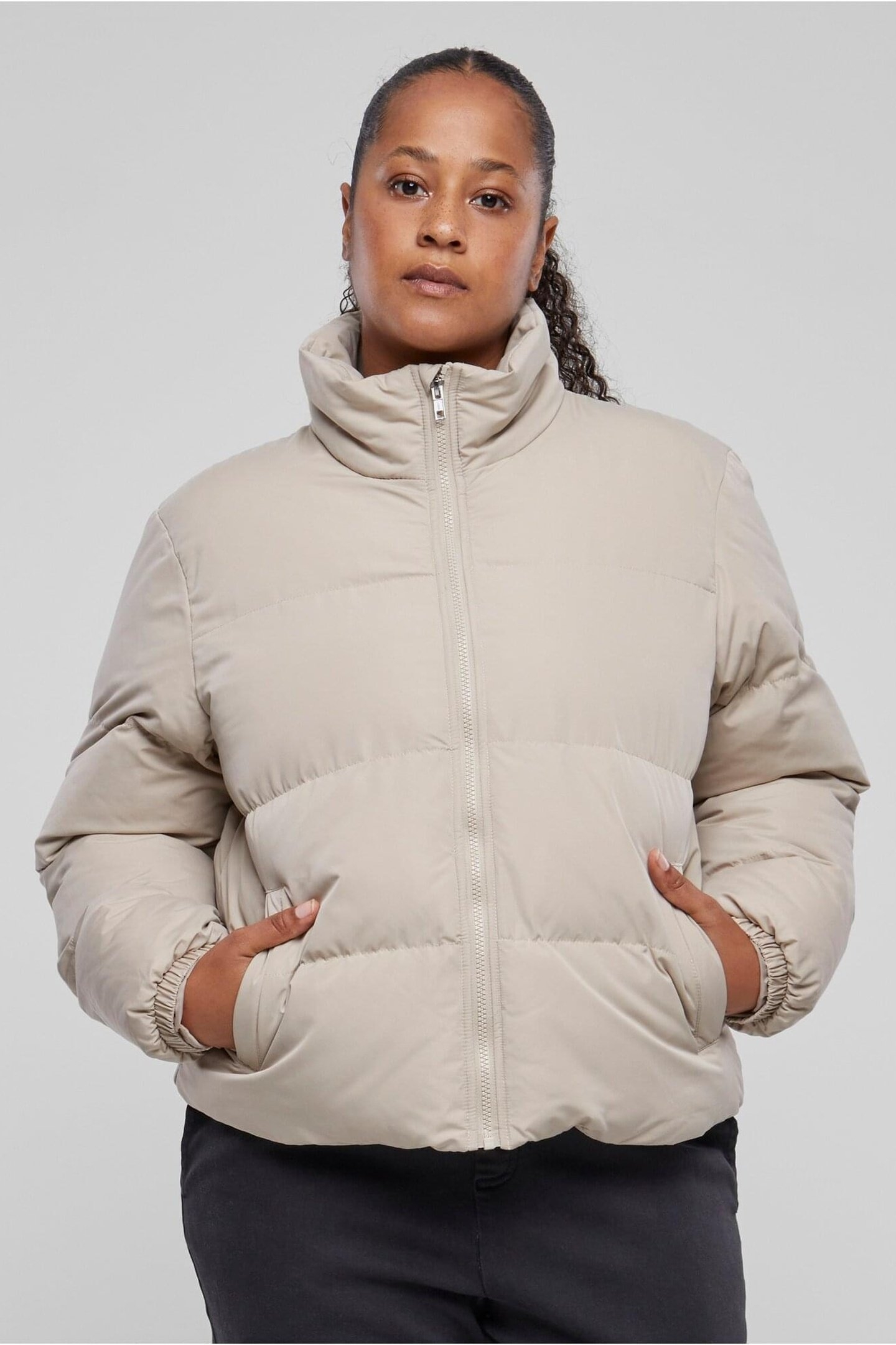 LADIES SHORT PEACHED PUFFER JACKET WET SAND 1