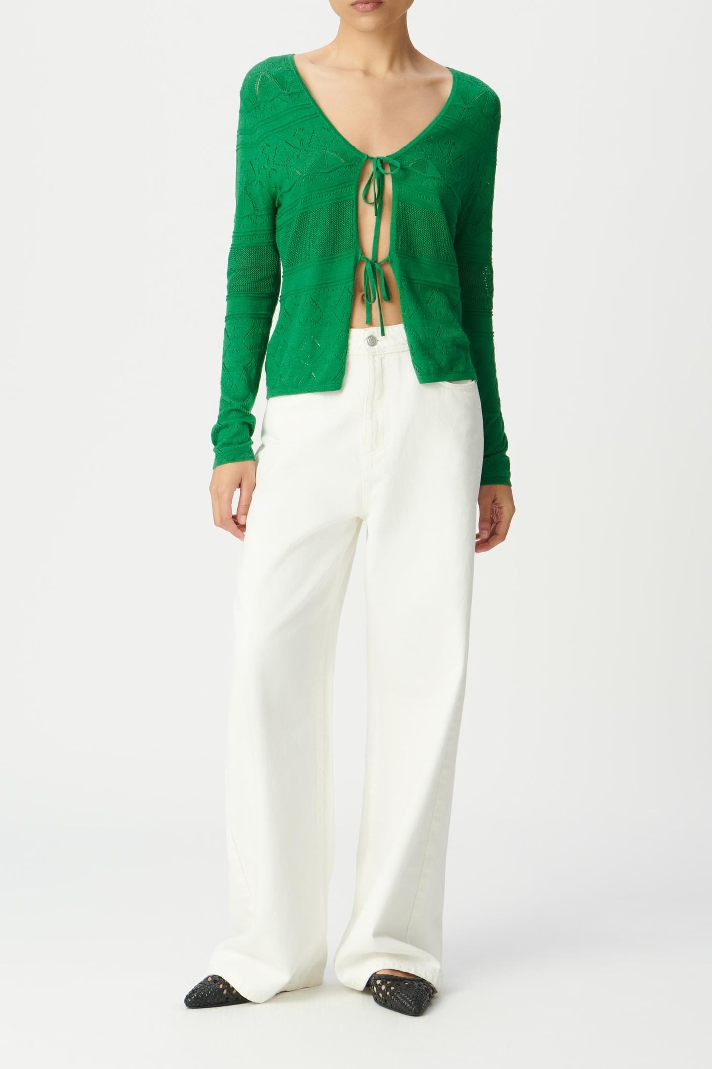 GREEN OPENWORK KNIT LONG-SLEEVED CARDIGAN TO TIE 2