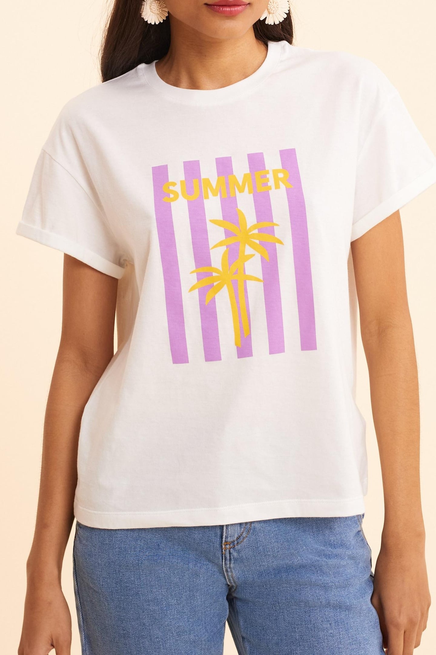 WHITE T-SHIRT PALM TREES ON STRIPES PALM TREE 1