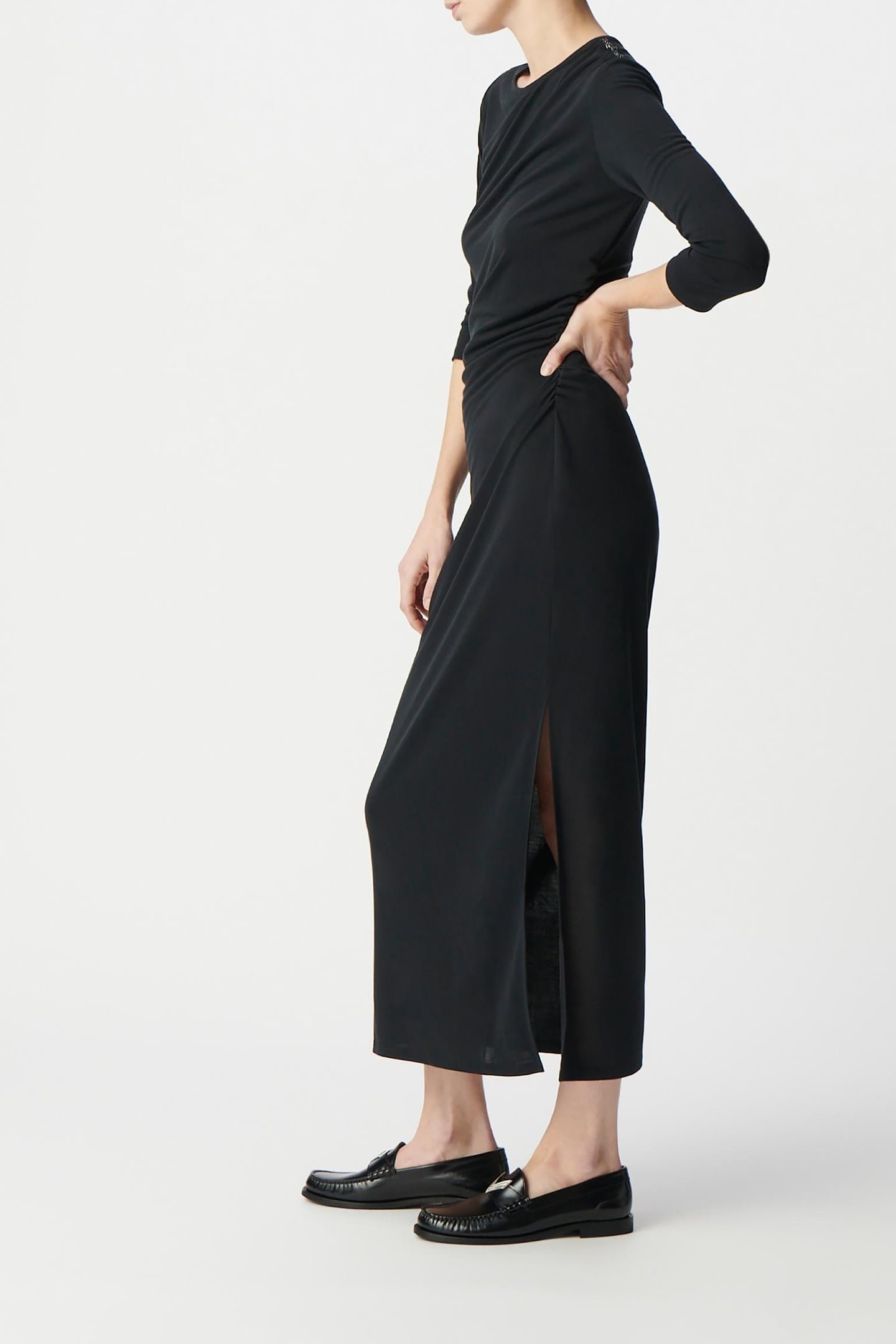 GATHERED BLACK EVENING DRESS WITH RHINESTONE SHOULDERS 3