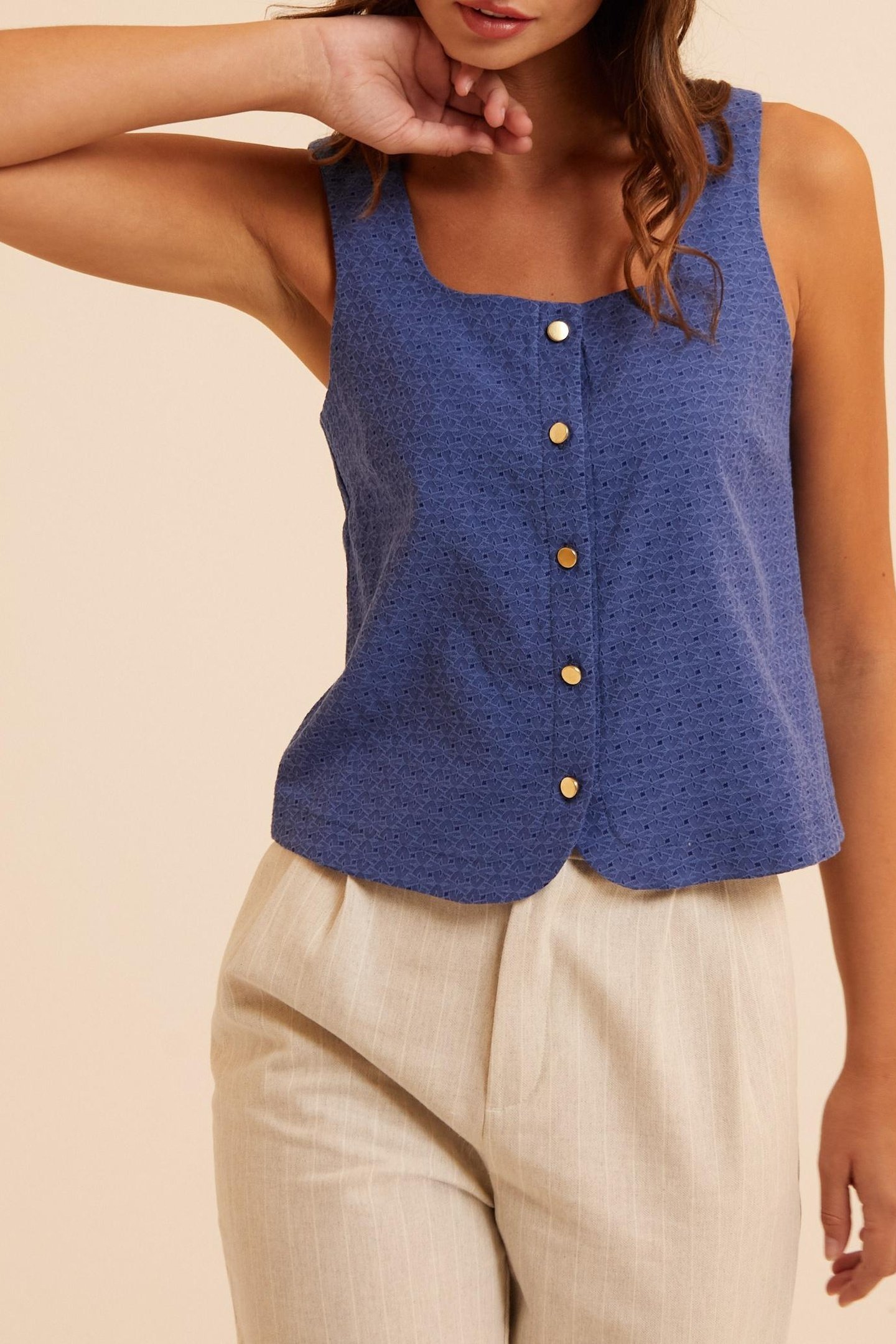 BLUE DECORATIVE JACQUARD BUTTONED TOP SAPPHIRE BLUE 1