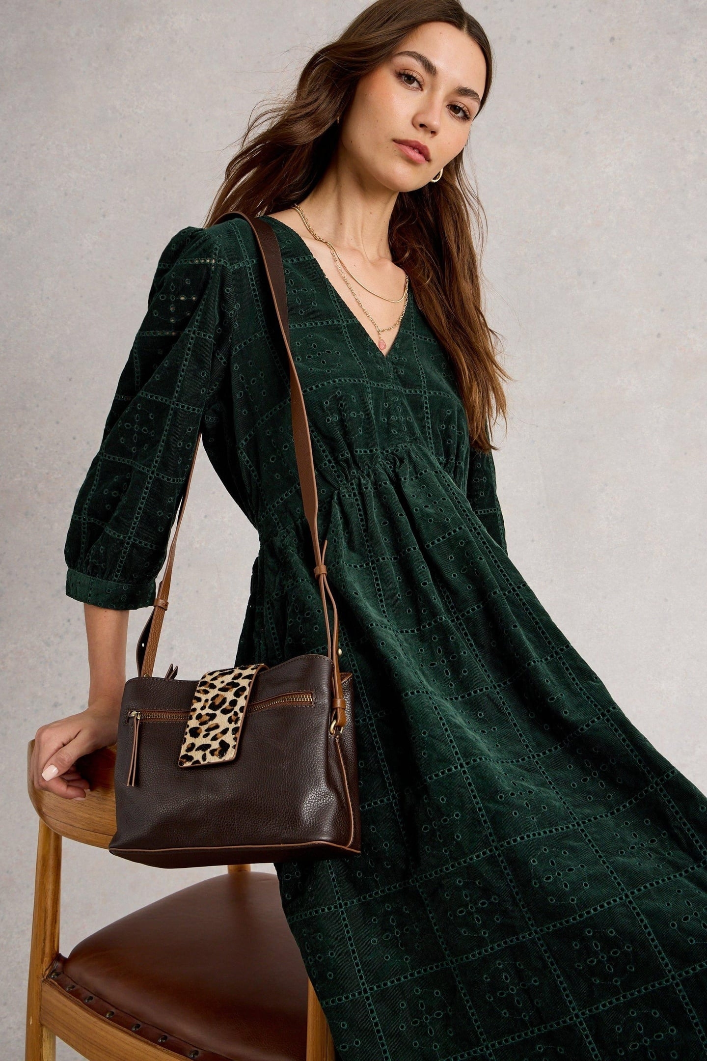 LUCY EMBROIDERED CORD DRESS DARK GREEN 2