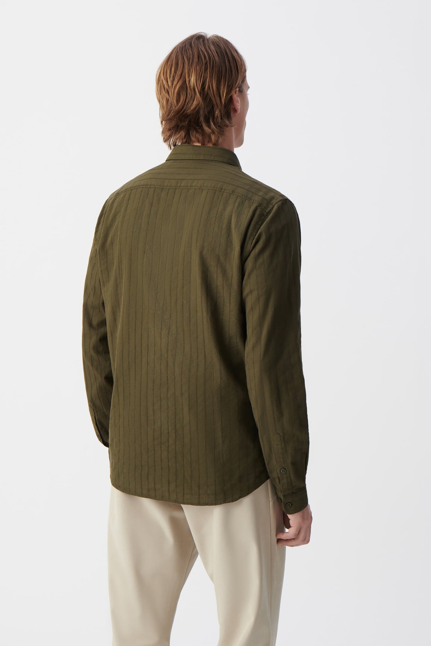 KHAKI ORGANIC COTTON SLIM SHIRT, STRIPED EMBROIDERY 4
