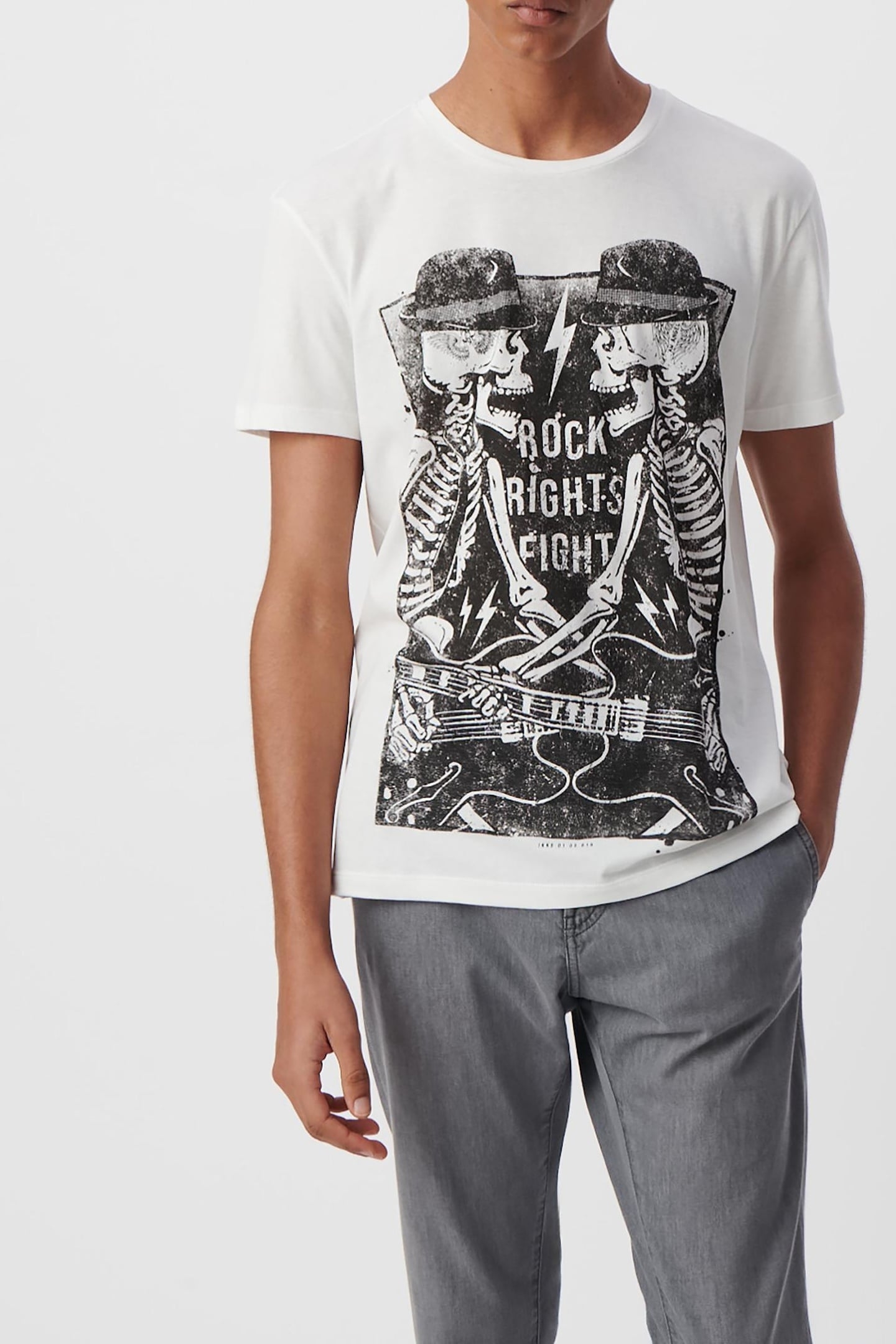 WHITE ORGANIC COTTON T-SHIRT WITH SKELETON GUITARIST 2