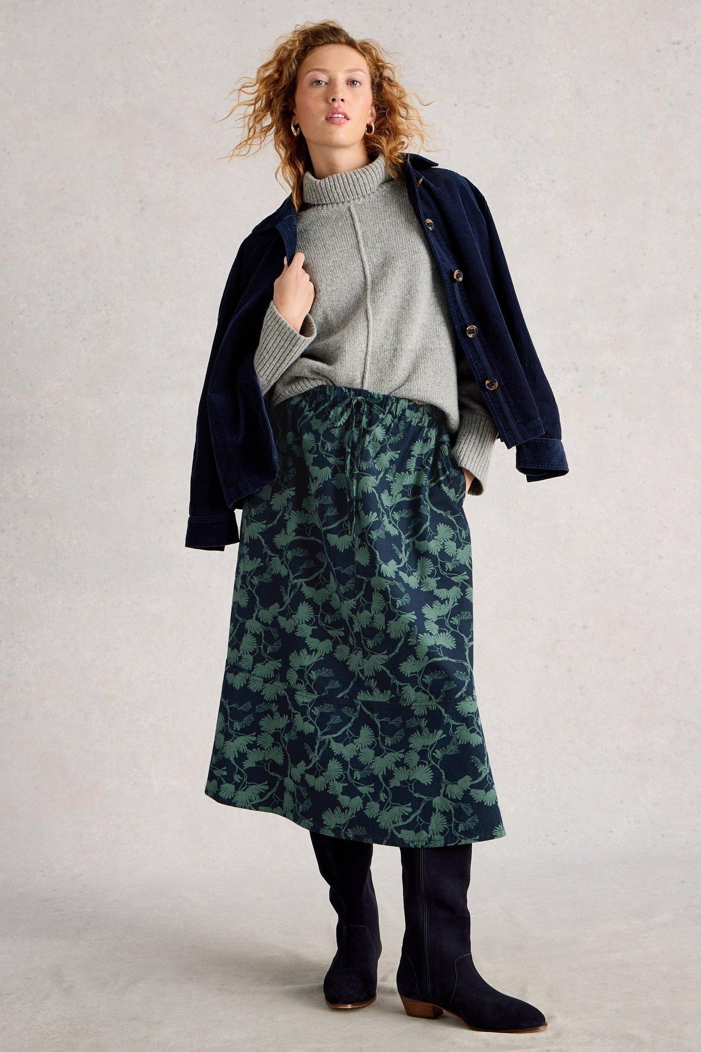 TILLY CORD MIDI SKIRT NAVY PRINT 5