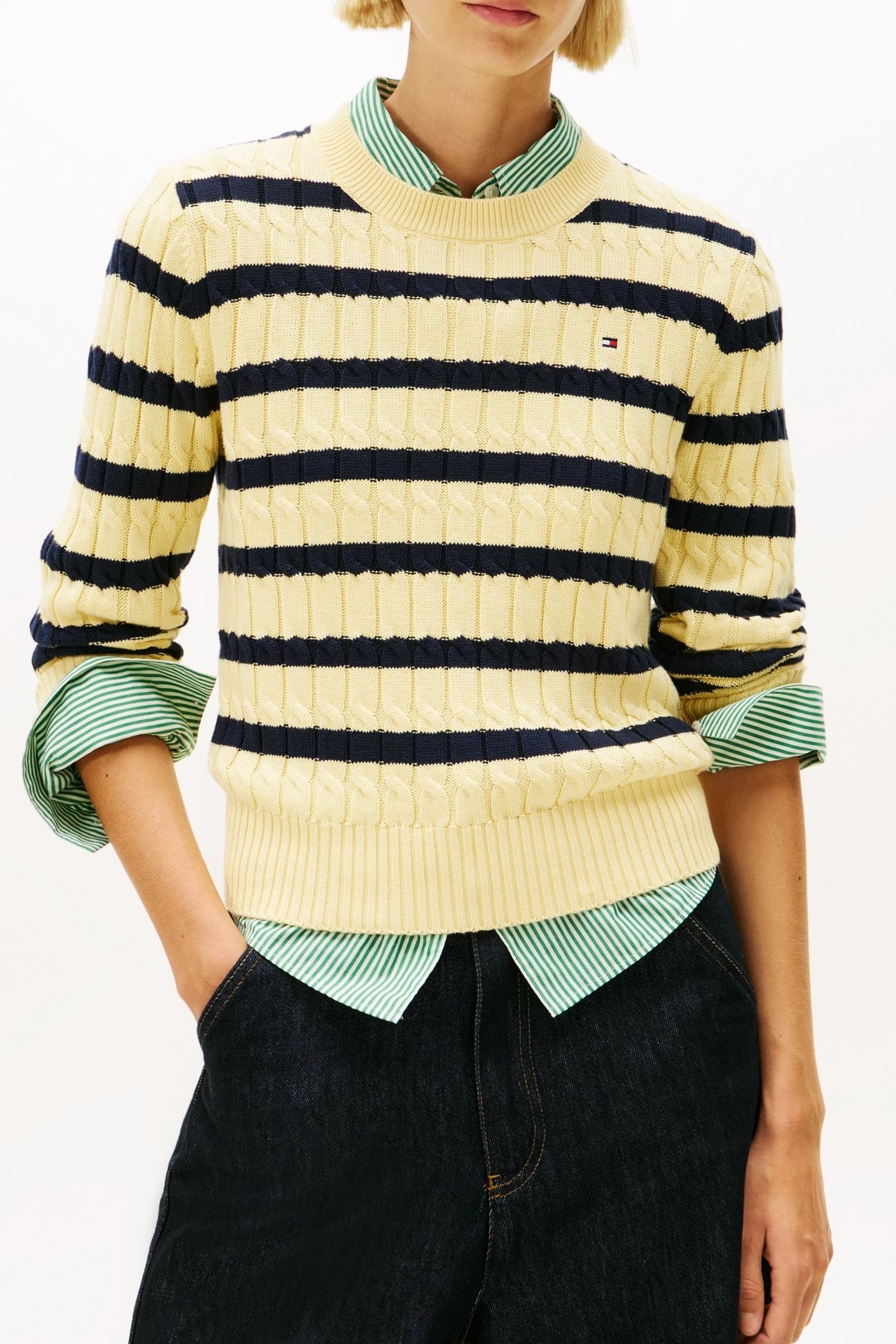 CABLE KNIT CREW NECK JUMPER ZESTY YELLOW/DARK NAVY 1