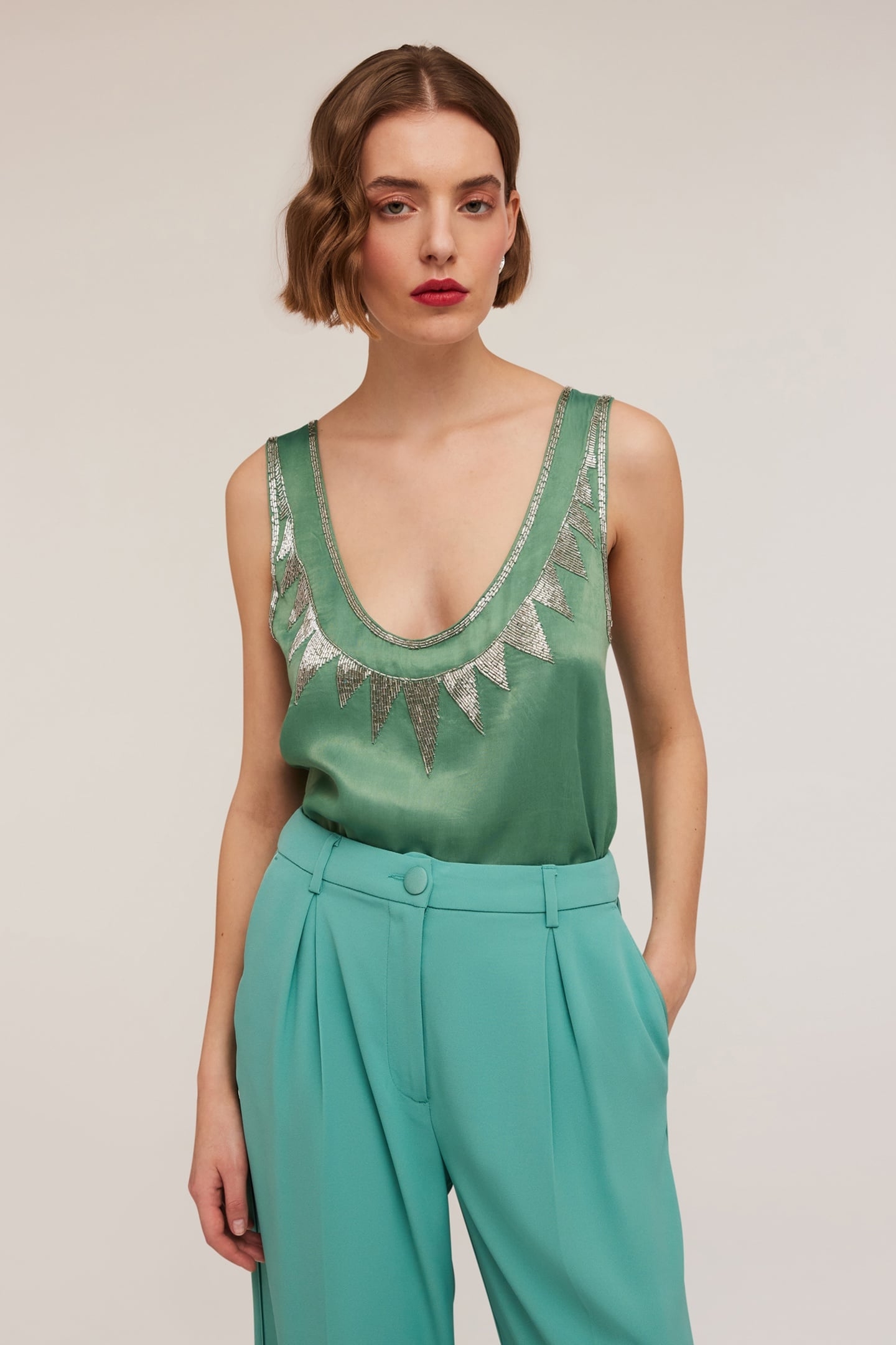 EMBROIDERED VISCOSE SATIN TOP GREEN 1