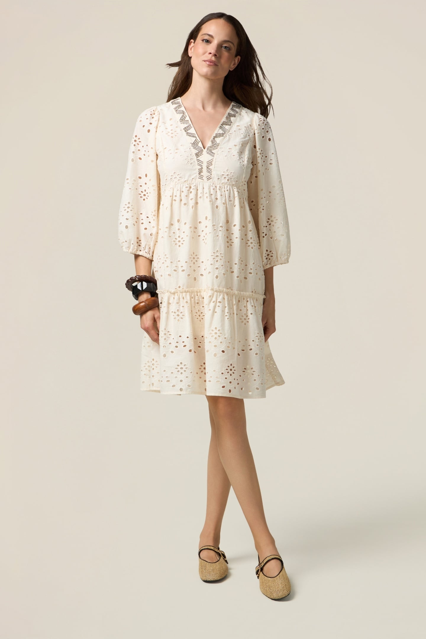 FLARED DRESS IN BRODERIE ANGLAISE LACE BEIGE 1