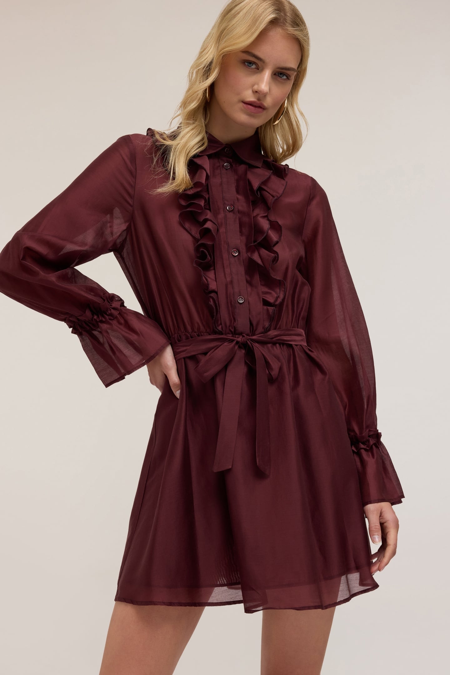 VOILE CHEMISIER DRESS WITH FLOUNCES BURGUNDY 3