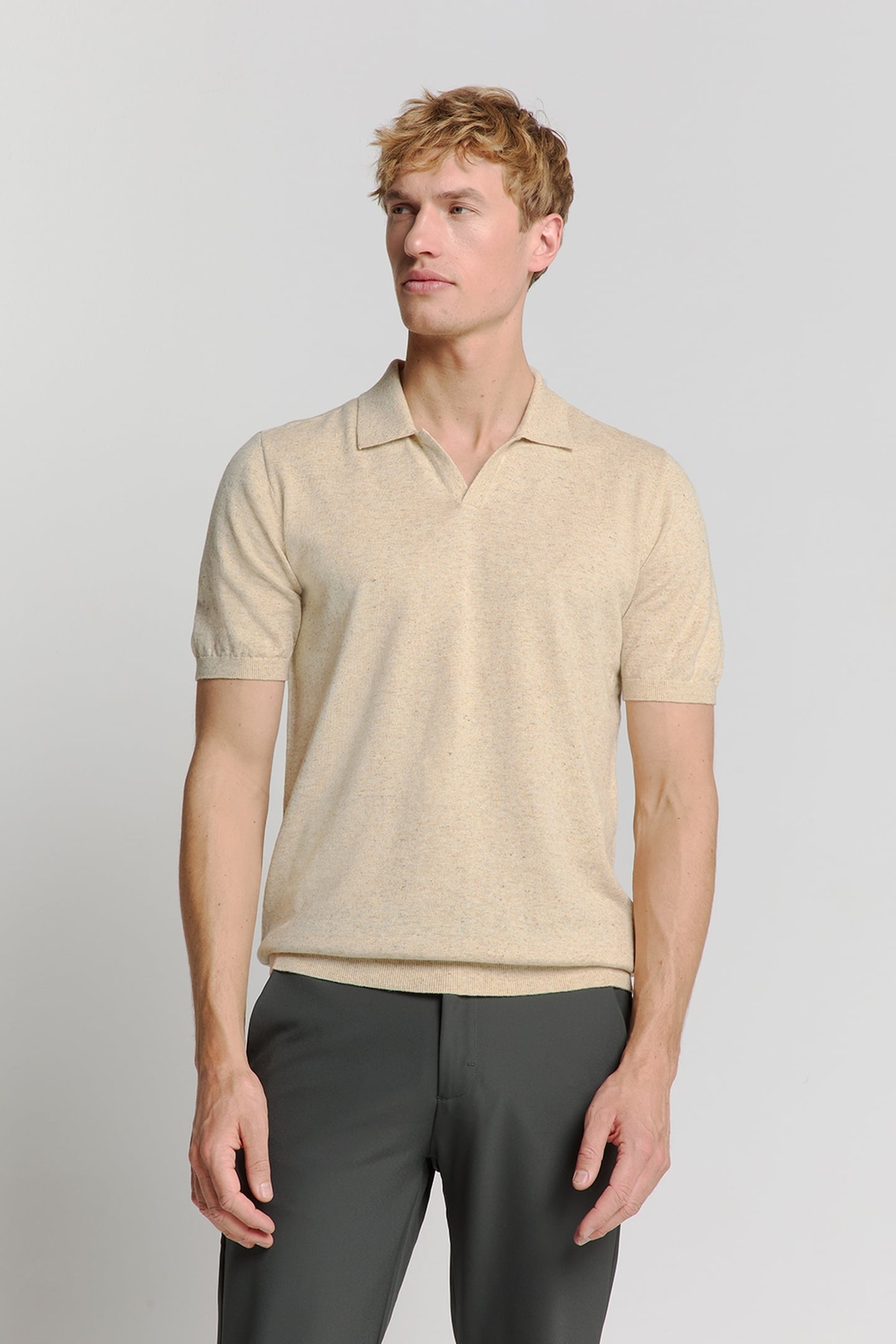 PULLOVER SHORT SLEEVE POLO V MELANGE WITH LINEN SAND 1