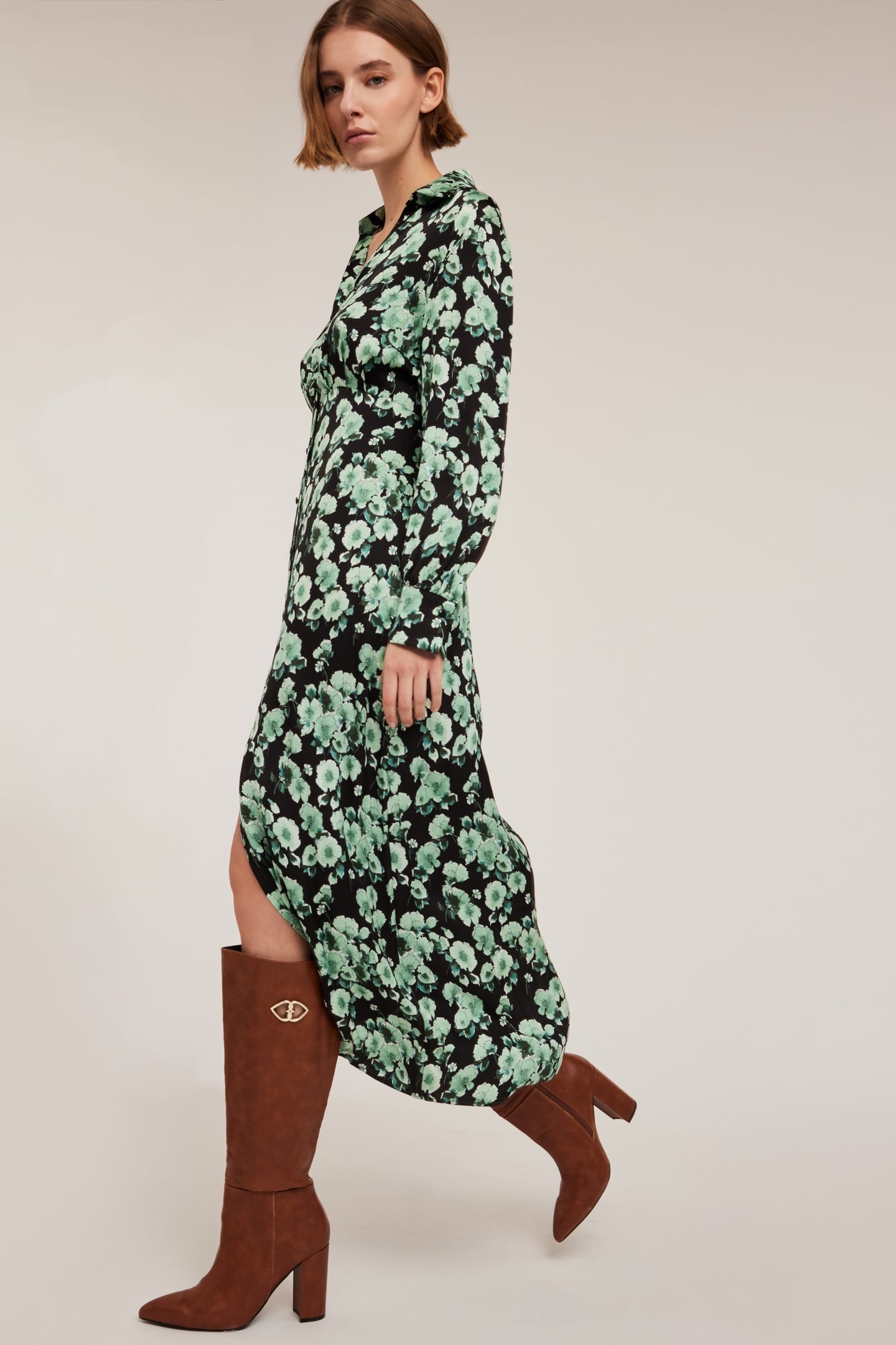 FLORAL PATTERNED SATIN CHEMISIER DRESS GREEN 3