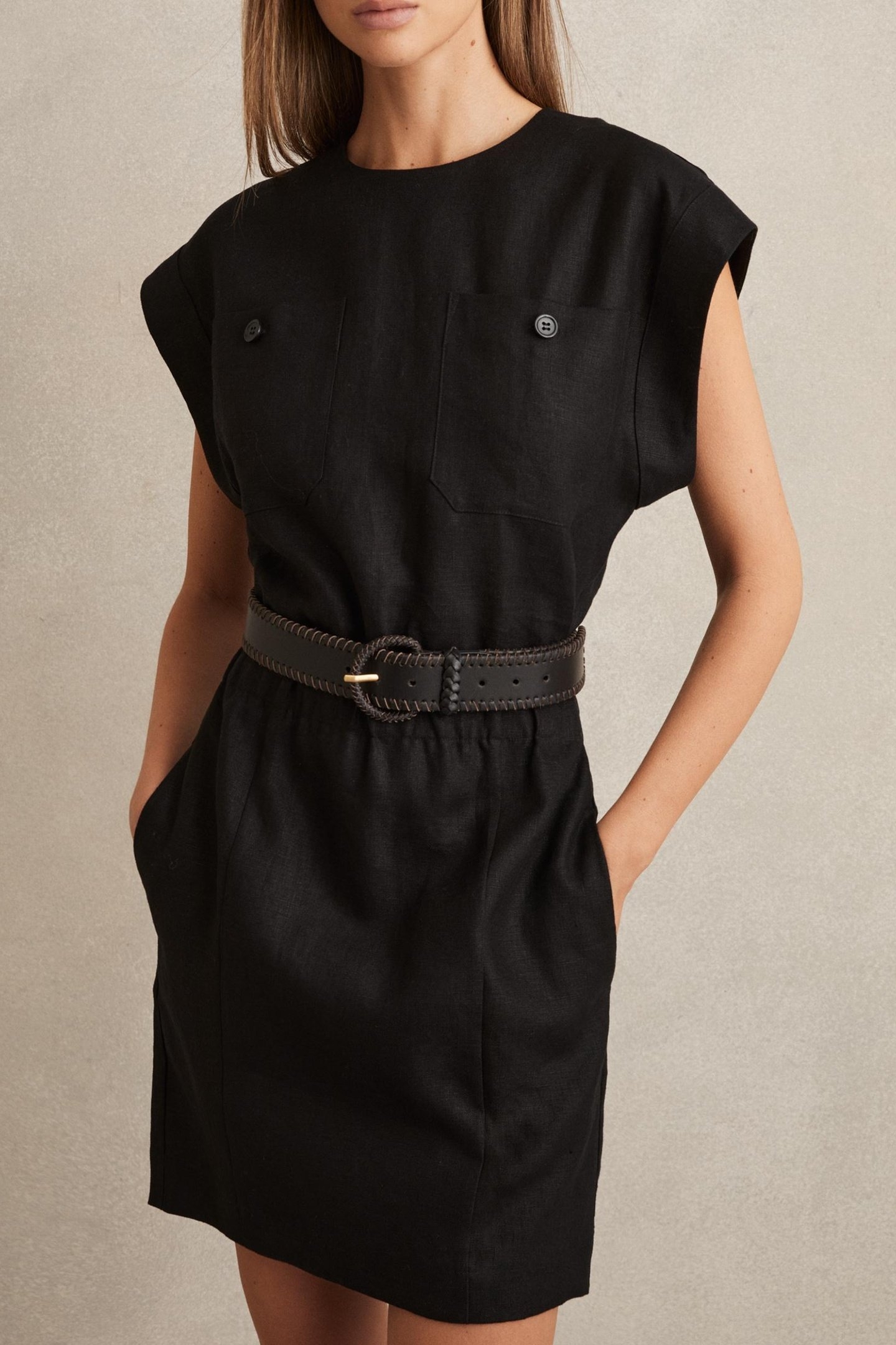 SHORT SLEEVE LINEN DRESS BLACK 1